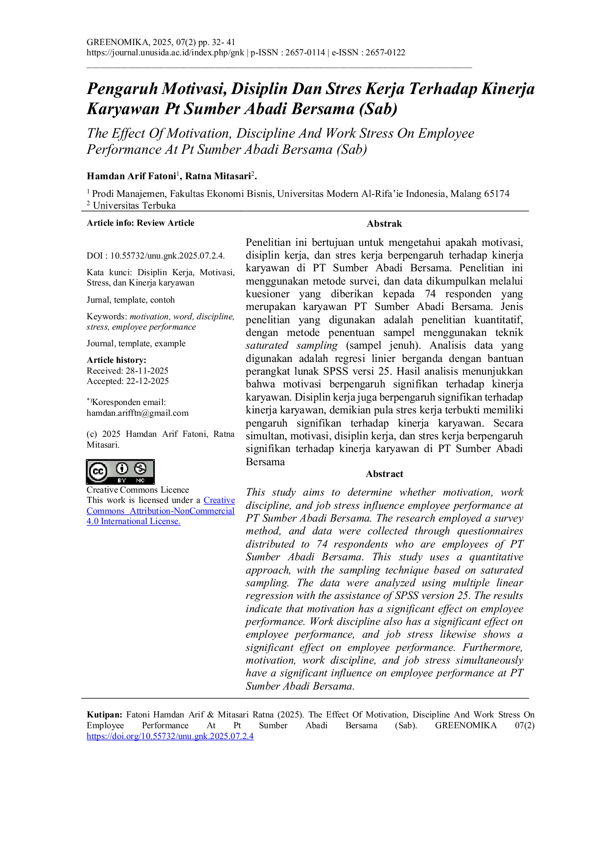 JURIS The Effect Of Motivation Discipline And Work Stress On Employee Performance At PT Sumber Abadi Bersama Sab