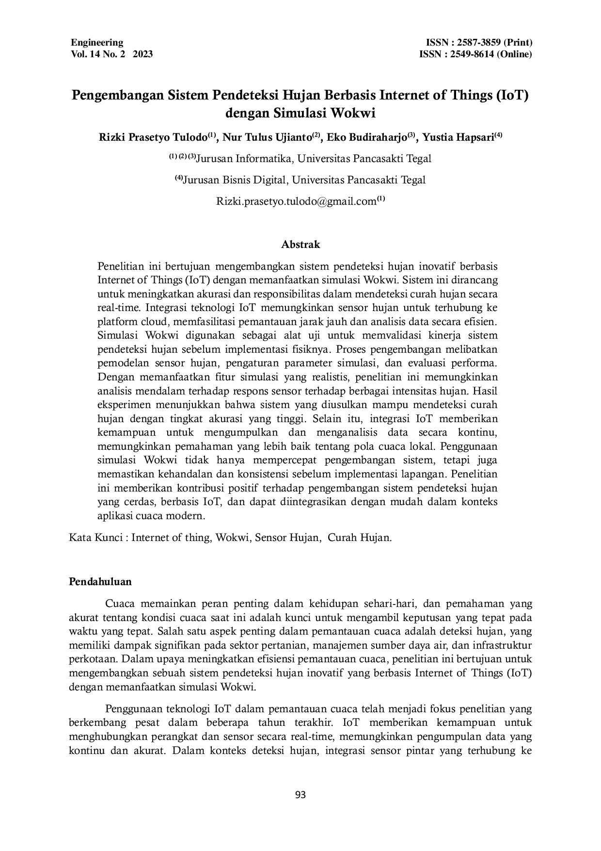 JURIS Pengembangan Sistem Pendeteksi Hujan Berbasis Internet of Things IoT dengan Simulasi Wokwi