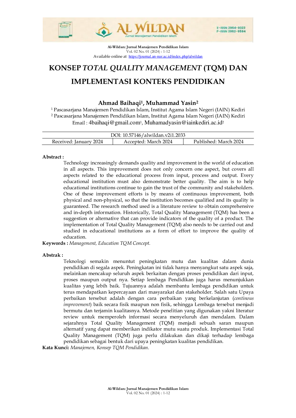 JURIS Konsep Total Quality Management TQM Dan Implementasi Konteks Pendidikan