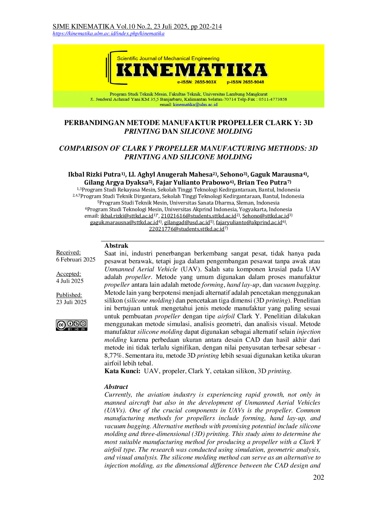 JURIS PERBANDINGAN METODE MANUFAKTUR PROPELLER CLARK Y 3D PRINTING DAN SILICONE MOLDING