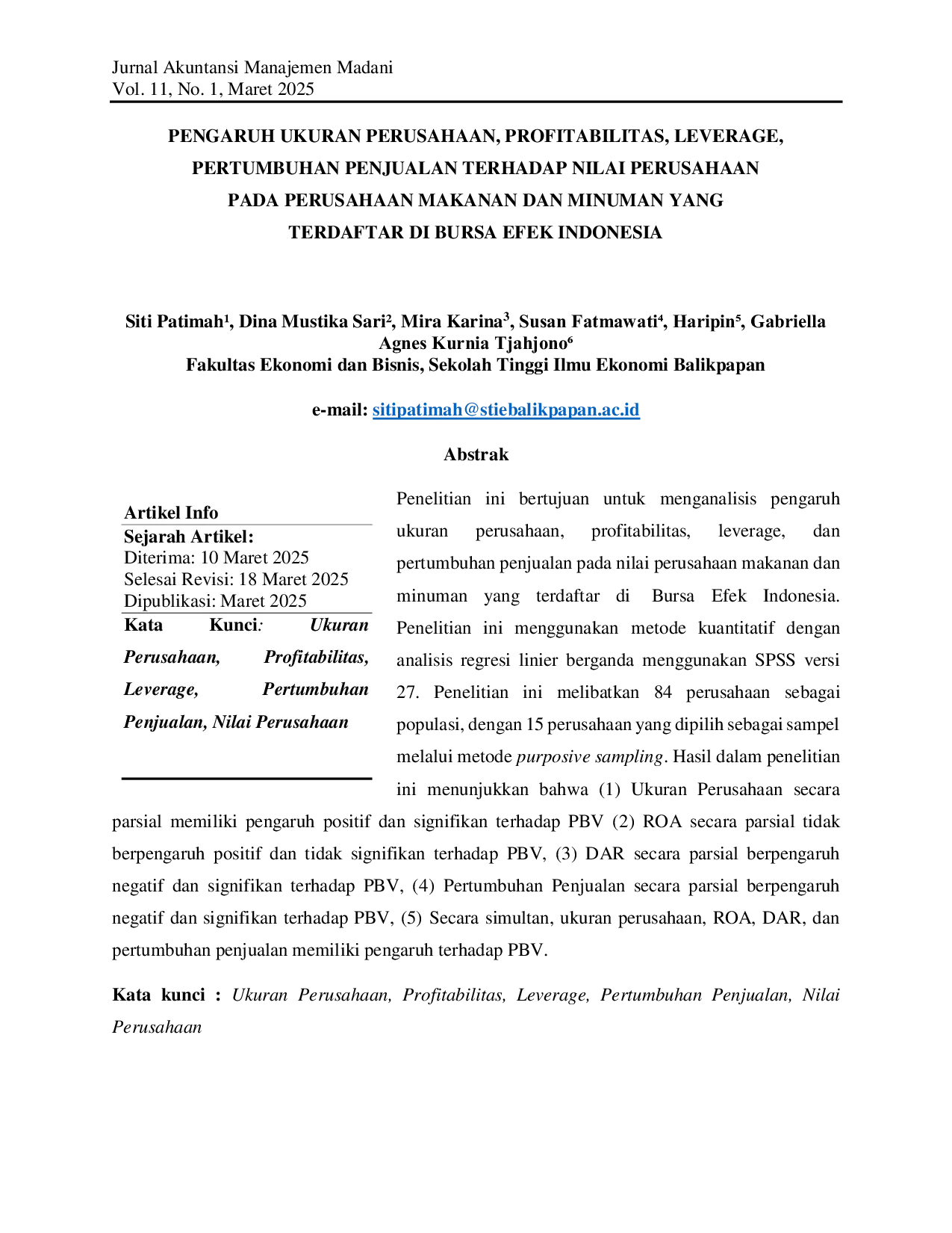 JURIS The EFFECT OF COMPANY SIZE PROFITABILITY LEVERAGE SALES GROWTH ON FIRM VALUE IN FOOD AND BEVERAGE COMPANIES LISTED ON THE INDONESIAN STOCK EXCHANGE