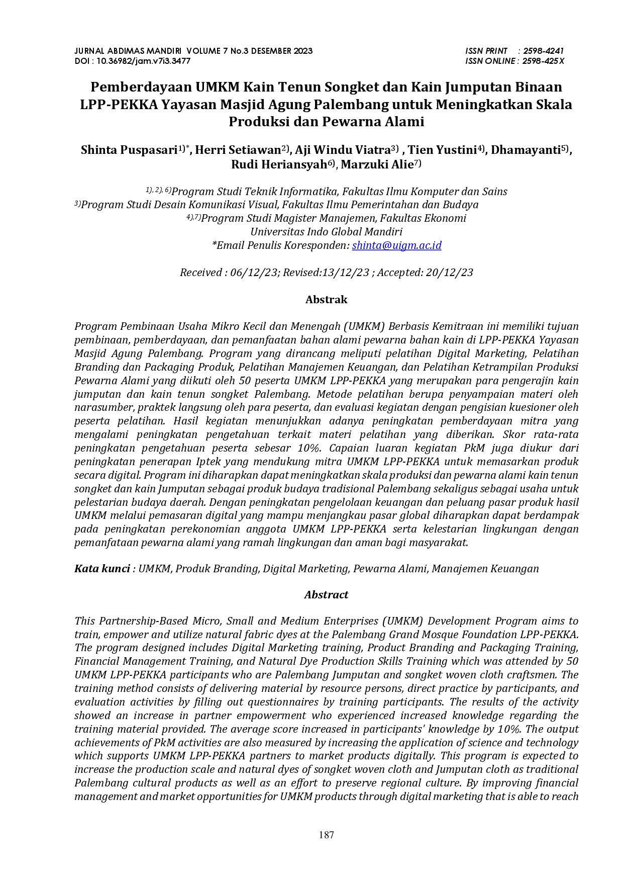 juris Pemberdayaan UMKM Kain Tenun Songket dan Kain Jumputan Binaan LPP PEKKA Yayasan Masjid Agung Palembang untuk Meningkatkan Skala Produksi dan Pewarna Alami