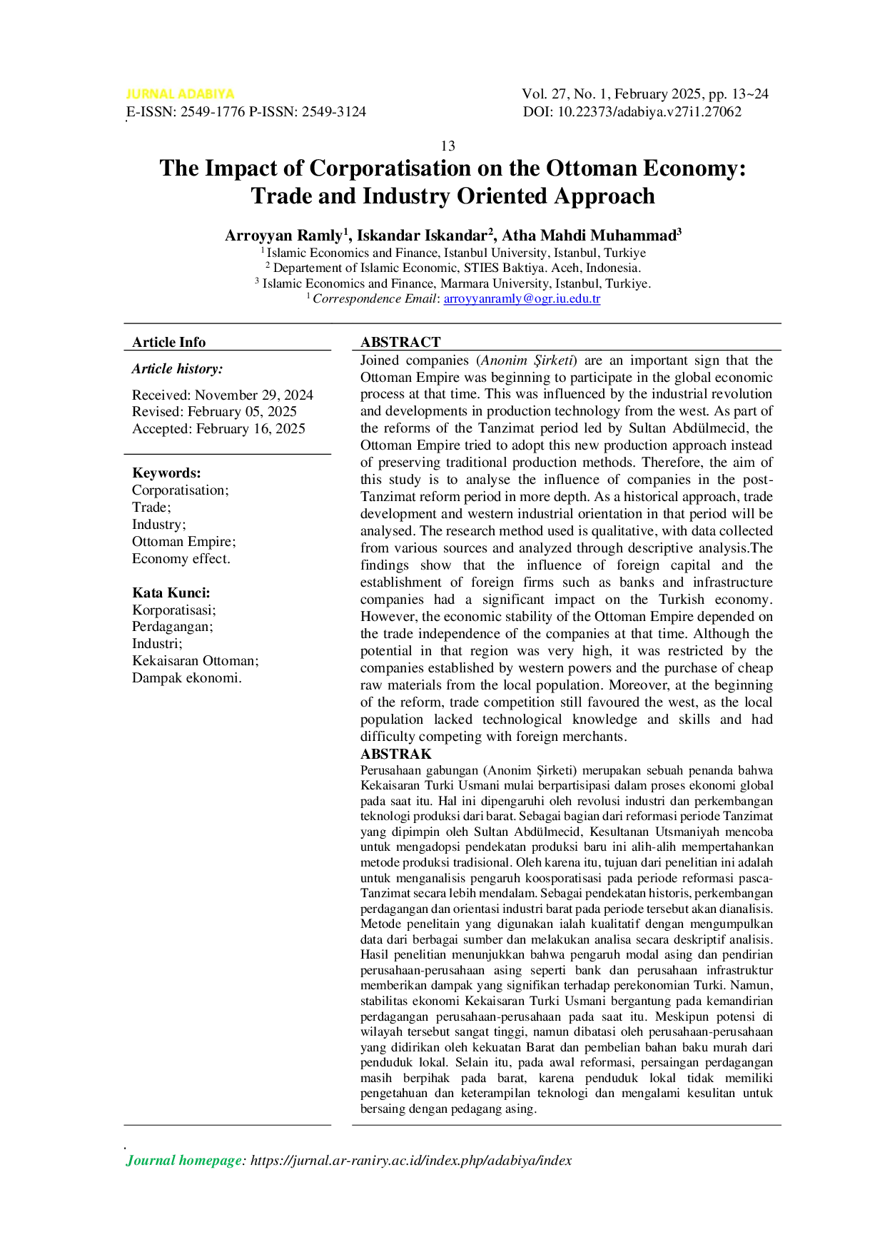 JURIS Dampak Korporatisasi pada Ekonomi Kekaisaran Ottoman Pendekatan Berorientasi Perdagangan dan Industri