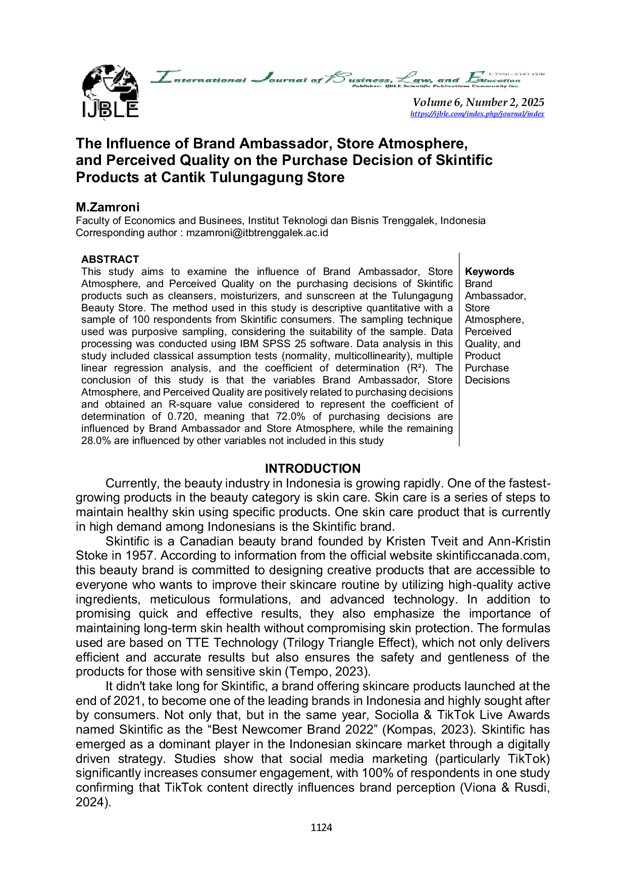 JURIS The Influence of Brand Ambassador Store Atmosphere and Perceived Quality on the Purchase Decision of Skintific Products at Cantik Tulungagung Store
