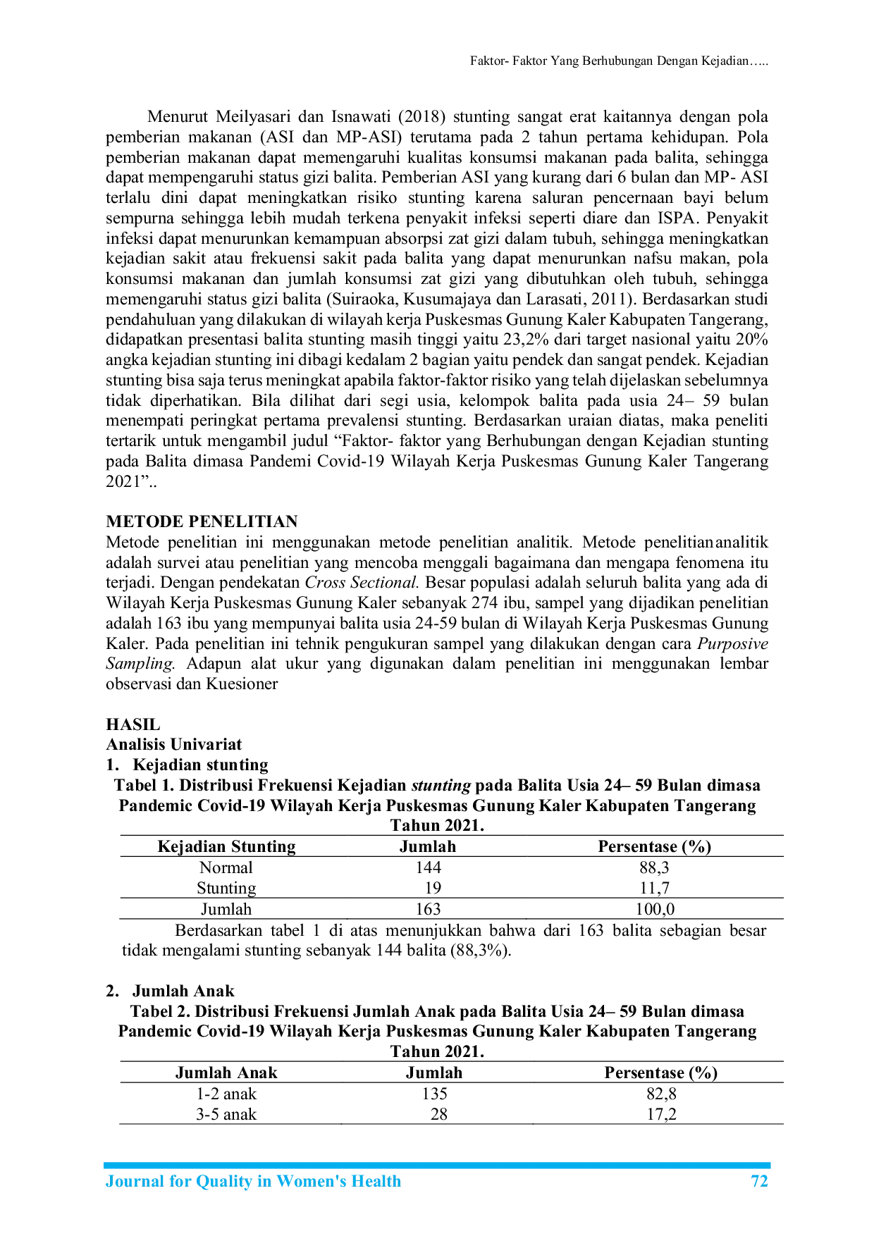 JURIS Faktor Faktor Yang Berhubungan Dengan Kejadian Stunting Pada Balita Dimasa Pandemi Covid 19 Wilayah Kerja Puskesmas Gunung Kaler Tangerang