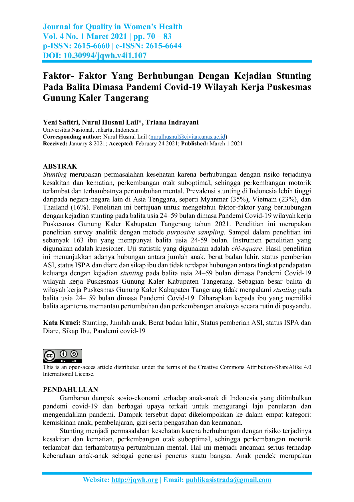 JURIS Faktor Faktor Yang Berhubungan Dengan Kejadian Stunting Pada Balita Dimasa Pandemi Covid 19 Wilayah Kerja Puskesmas Gunung Kaler Tangerang