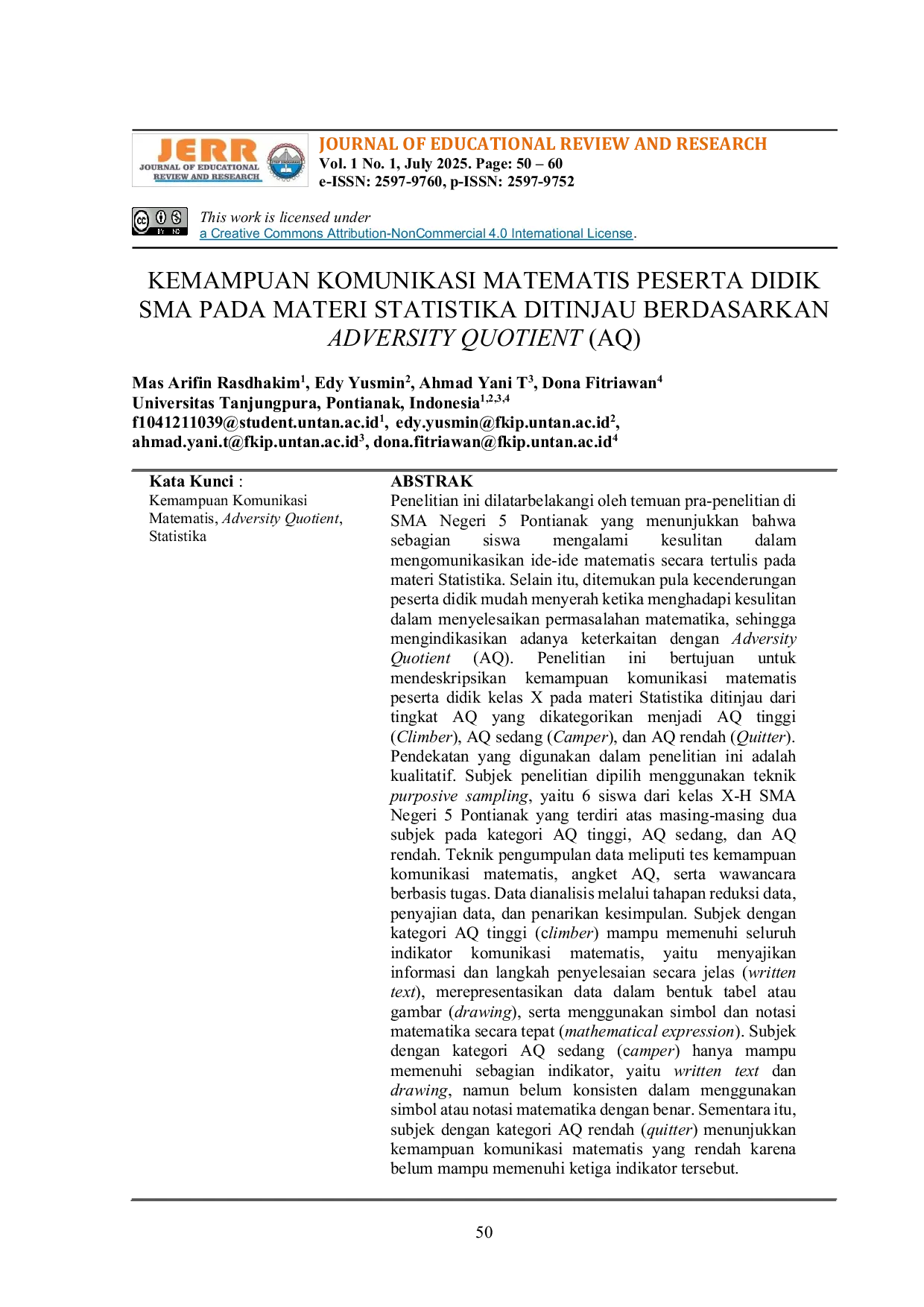 JURIS Kemampuan Komunikasi Matematis Peserta Didik SMA Pada Materi Statistika Ditinjau Berdasarkan Adversity Quotient AQ
