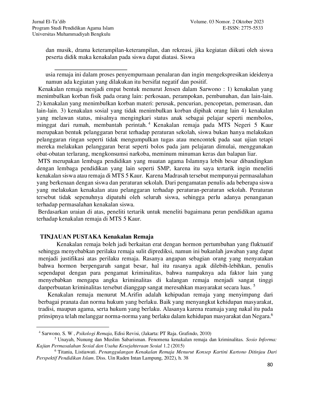 JURIS Peran Pendidikan Agama Terhadap Kenakalan Remaja Di Mts N 5 Kaur