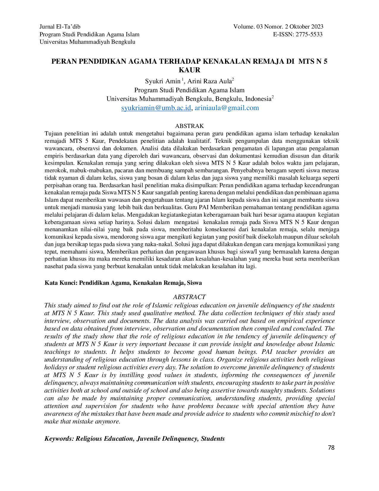 JURIS Peran Pendidikan Agama Terhadap Kenakalan Remaja Di Mts N 5 Kaur