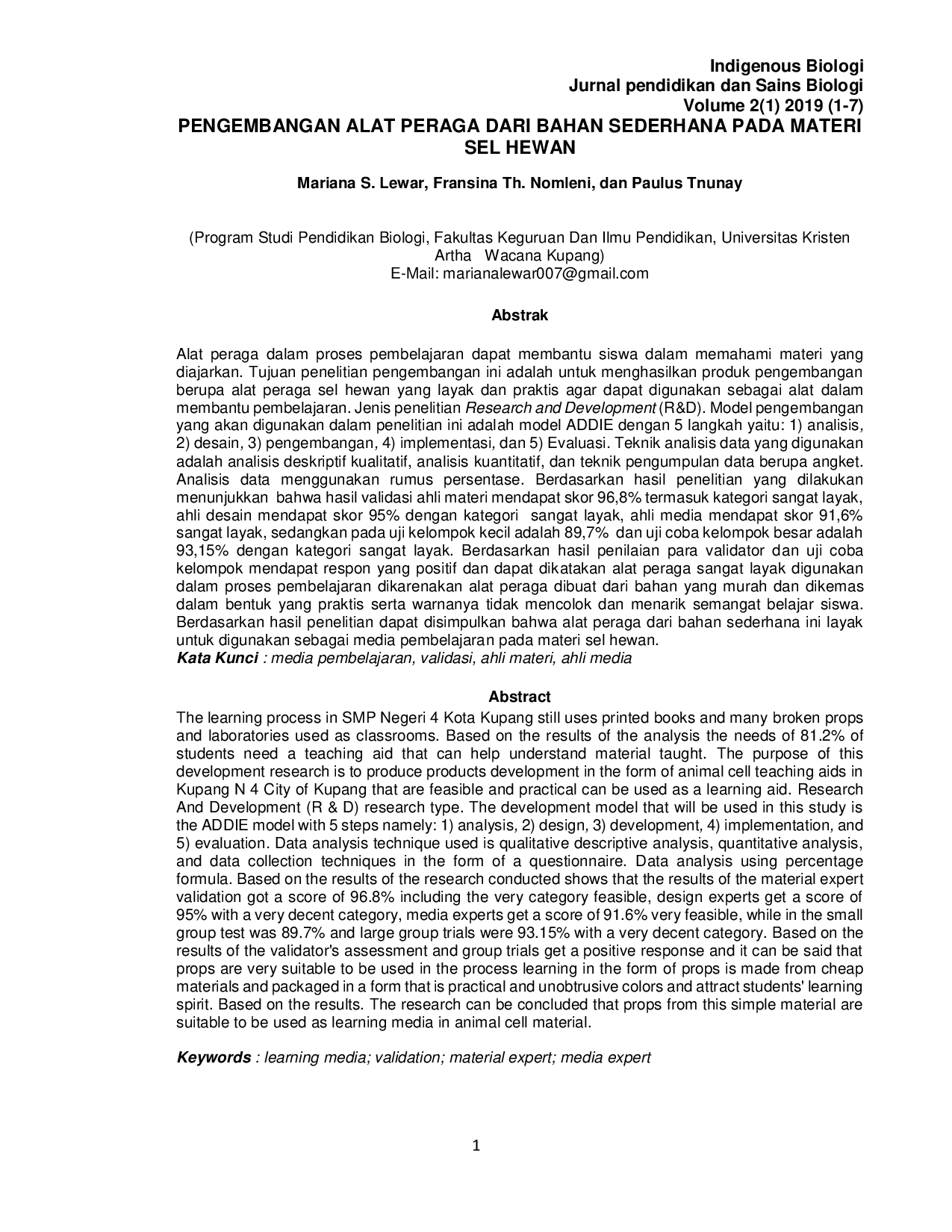 JURIS Pengembangan Alat Peraga Dari Bahan Sederhana Pada Materi Sel Hewan Di SMP Negeri 4 Kota Kupang Tahun Ajaran 2018 2019