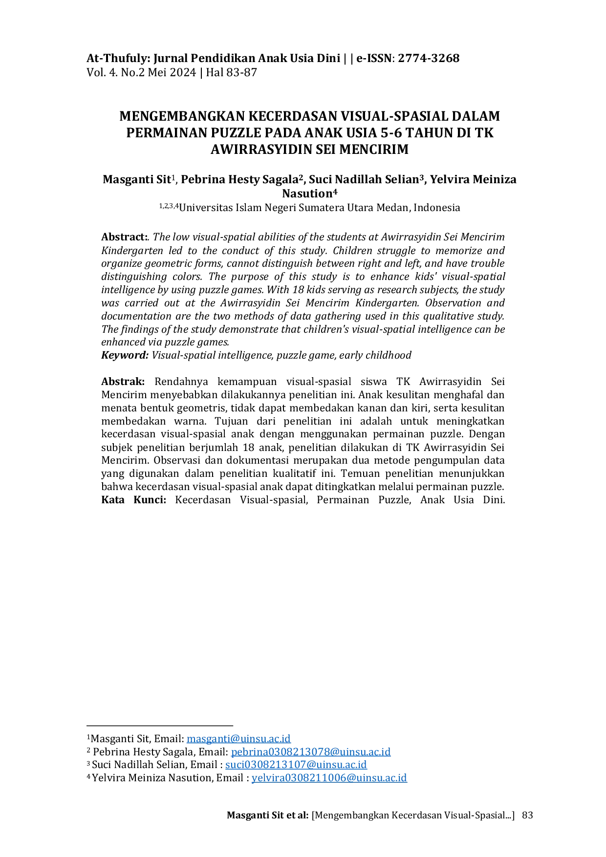 JURIS Mengembangkan Kecerdasan Visual Spasial Dalam Permainan Puzzle Pada Anak Usia 5 6 Tahun Di Tk Awirrasyidin Sei Mencirim