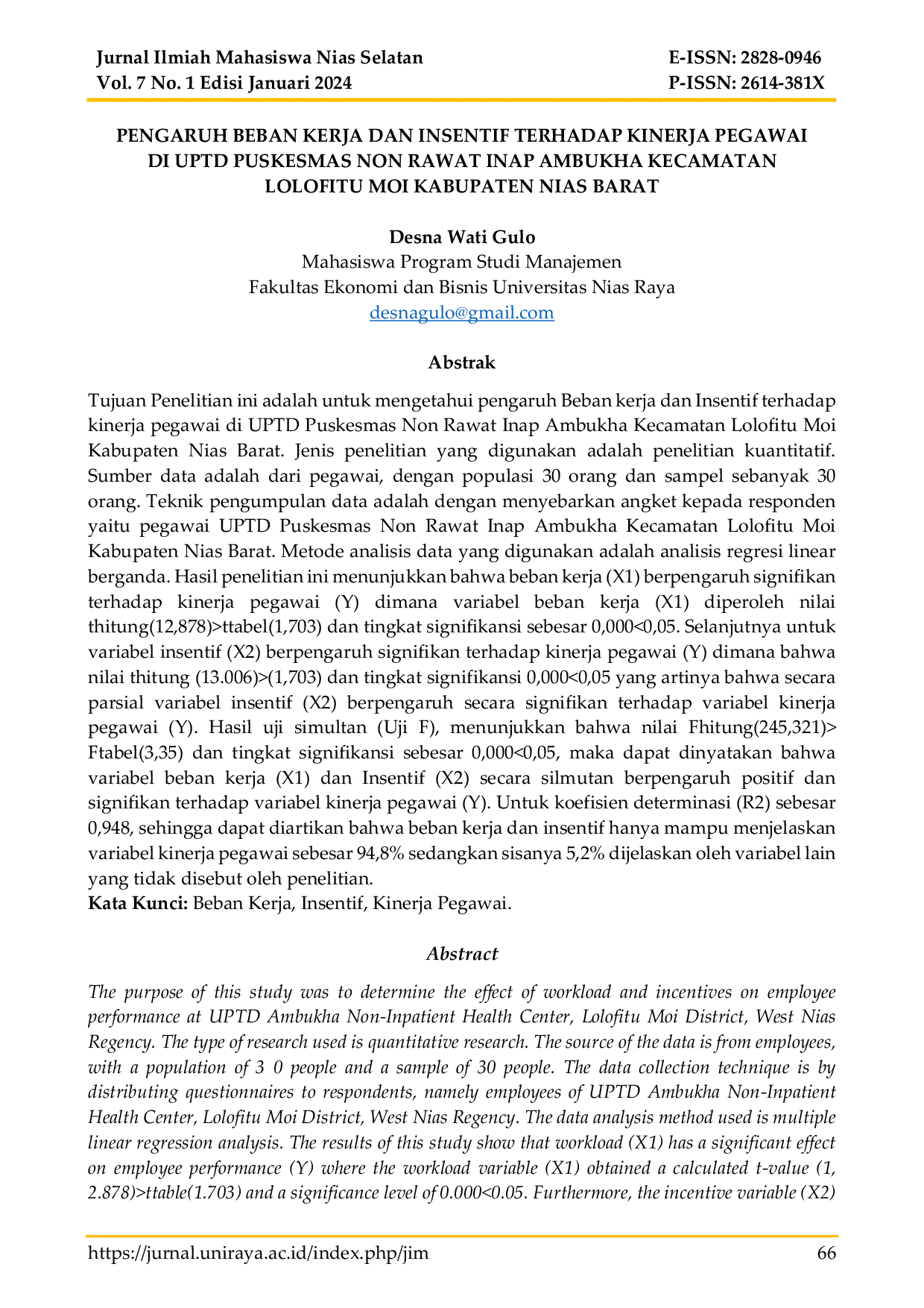 JURIS Pengaruh Beban Kerja dan Insentif Terhadap Kinerja Pegawai Di Uptd Puskesmas Non Rawat Inap Ambukha Kecamatan Lolofitu Moi Kabupaten Nias Barat