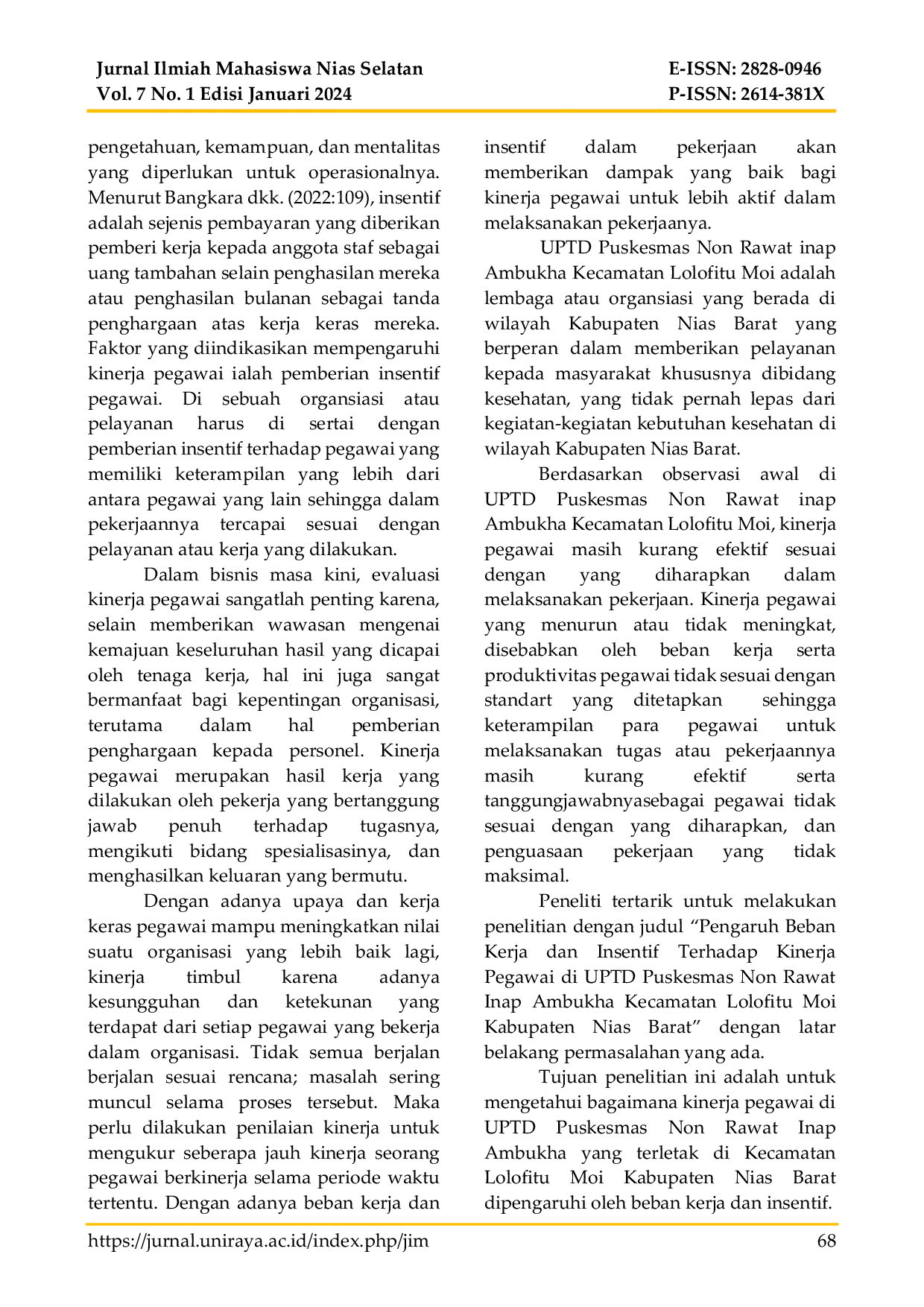 JURIS Pengaruh Beban Kerja dan Insentif Terhadap Kinerja Pegawai Di Uptd Puskesmas Non Rawat Inap Ambukha Kecamatan Lolofitu Moi Kabupaten Nias Barat