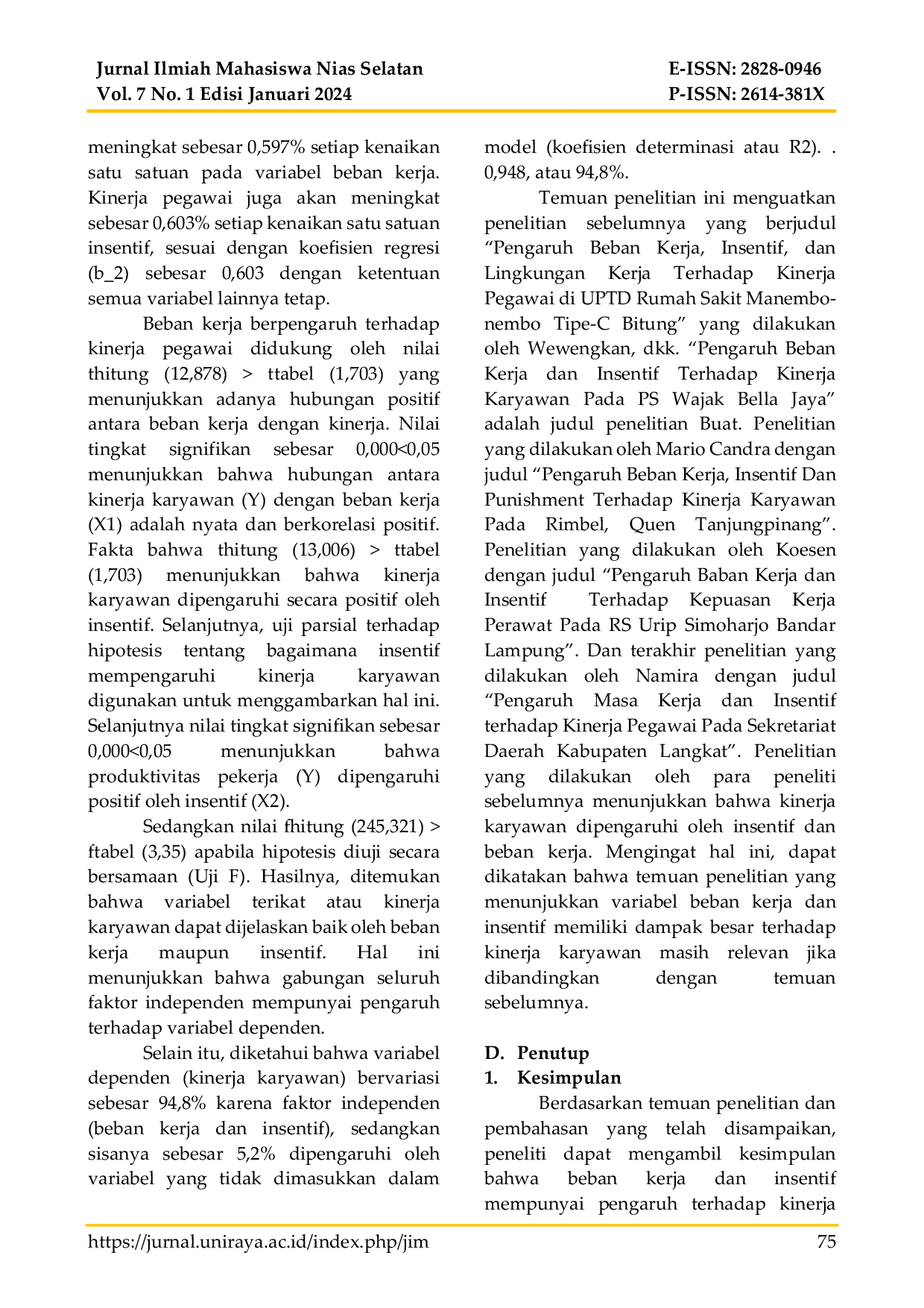 JURIS Pengaruh Beban Kerja dan Insentif Terhadap Kinerja Pegawai Di Uptd Puskesmas Non Rawat Inap Ambukha Kecamatan Lolofitu Moi Kabupaten Nias Barat