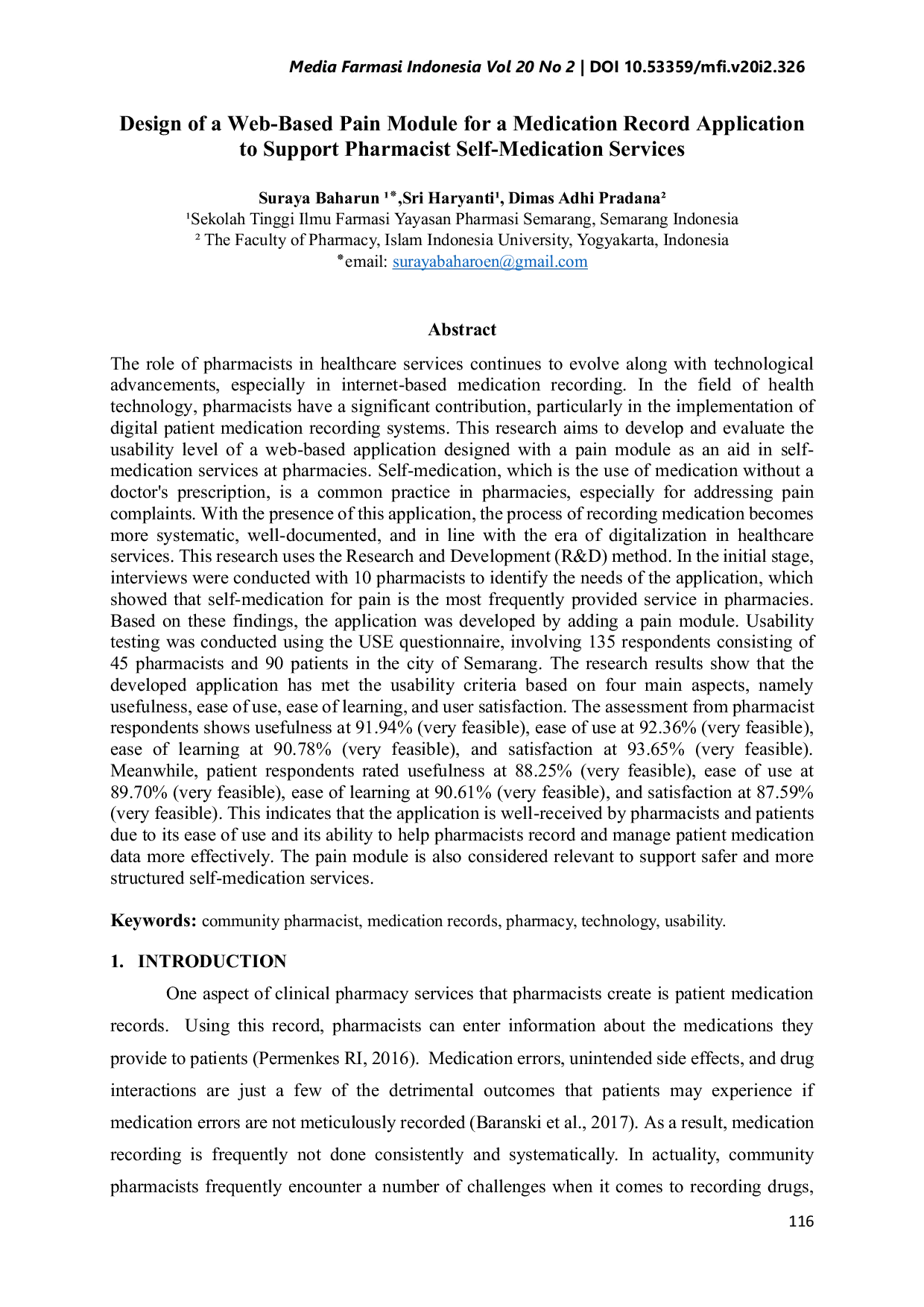 JURIS Desain Modul Nyeri Berbasis Web untuk Aplikasi Rekam Obat dalam Mendukung Layanan Swamedikasi oleh Apoteker