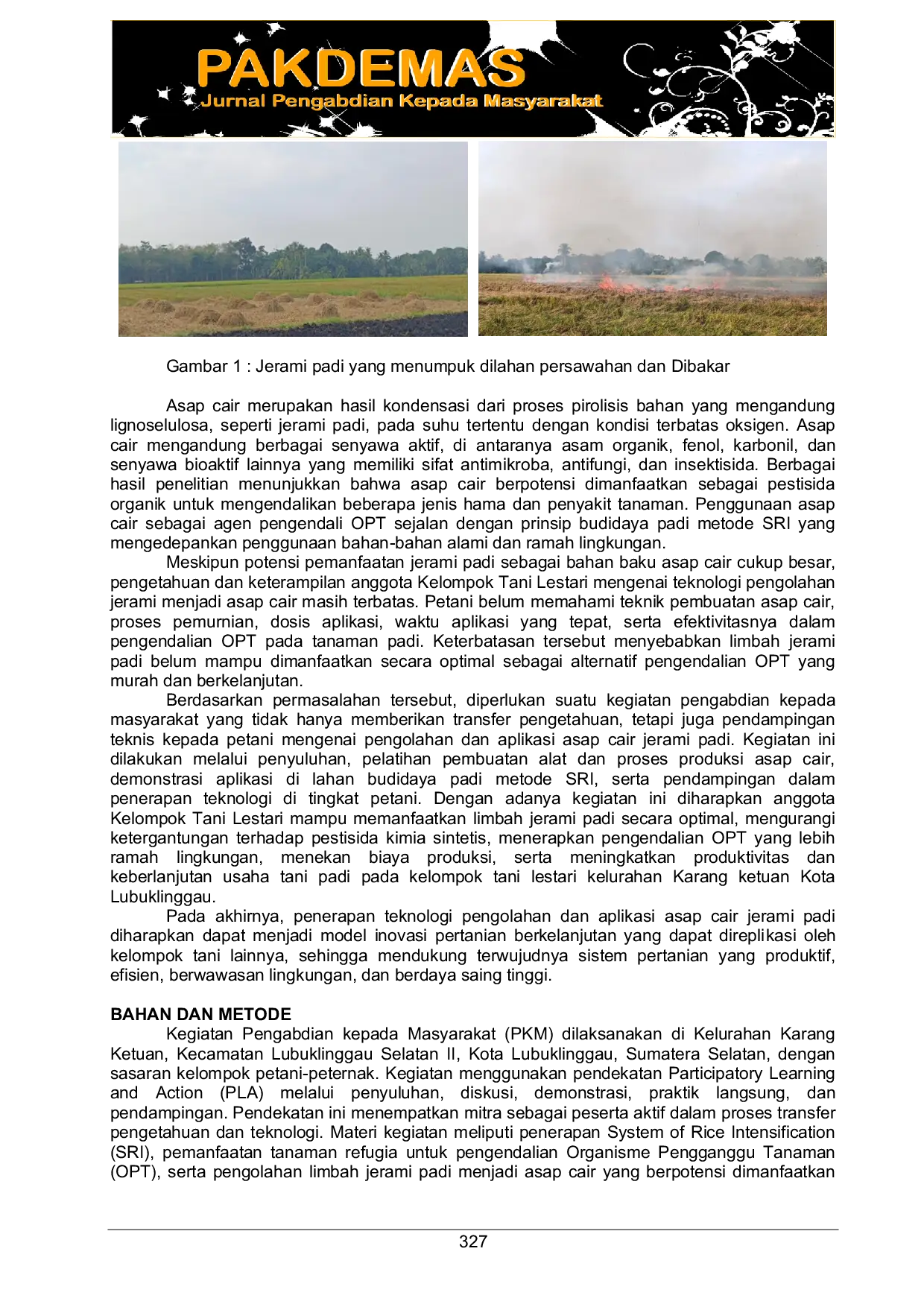 JURIS Processing And Application Of Rice Straw Liquid Smoke For Pest And Disease Control In Sri Method Rice Cultivation By The Lestari Farmer Group Lubuklinggau City