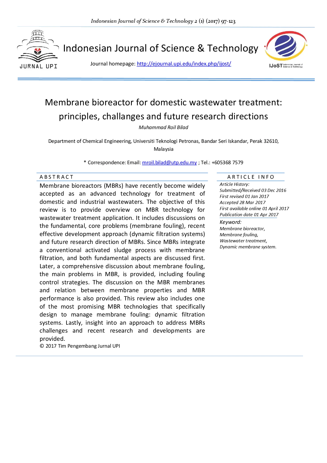 juris Membrane Bioreactor for Domestic Wastewater Treatment Principles Challanges and Future Research Directions