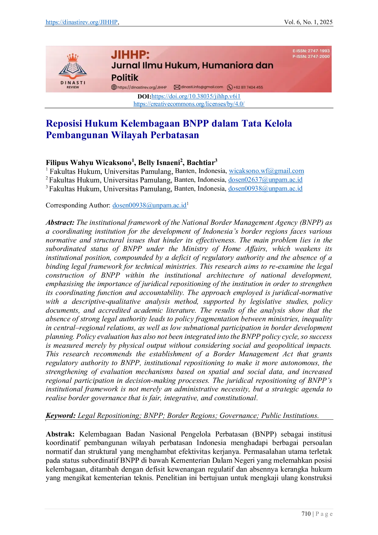 JURIS Reposisi Hukum Kelembagaan BNPP dalam Tata Kelola Pembangunan Wilayah Perbatasan