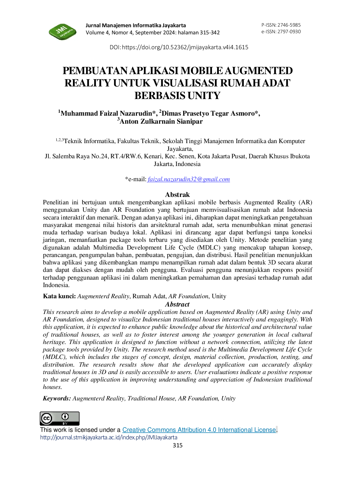 JURIS Pembuatan Aplikasi Mobile Augmented Reality untuk Visualisasi Rumah Adat Berbasis Unity