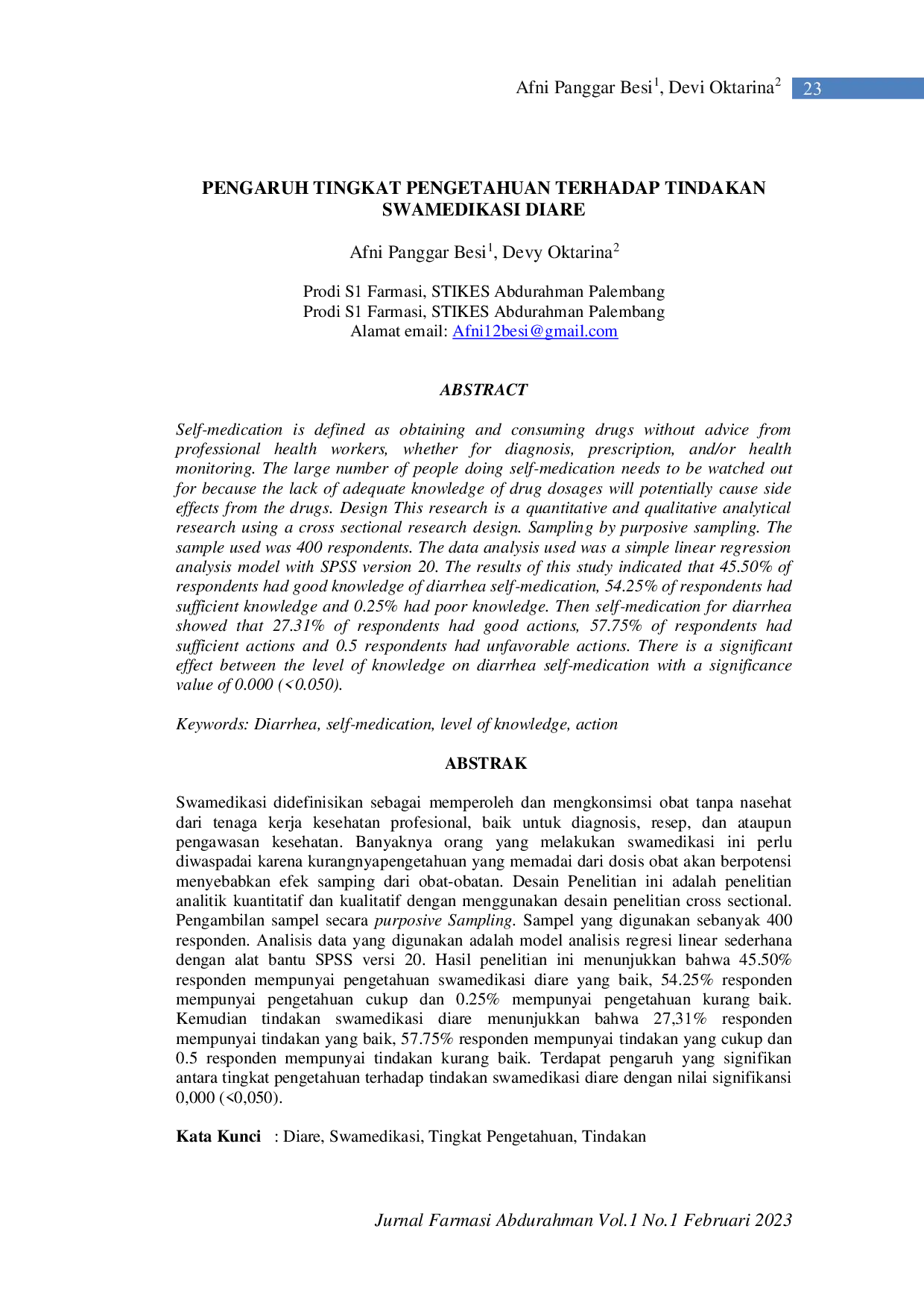 JURIS Pengaruh Tingkat Pengetahuan Terhadap Tindakan Swamedikasi Diare