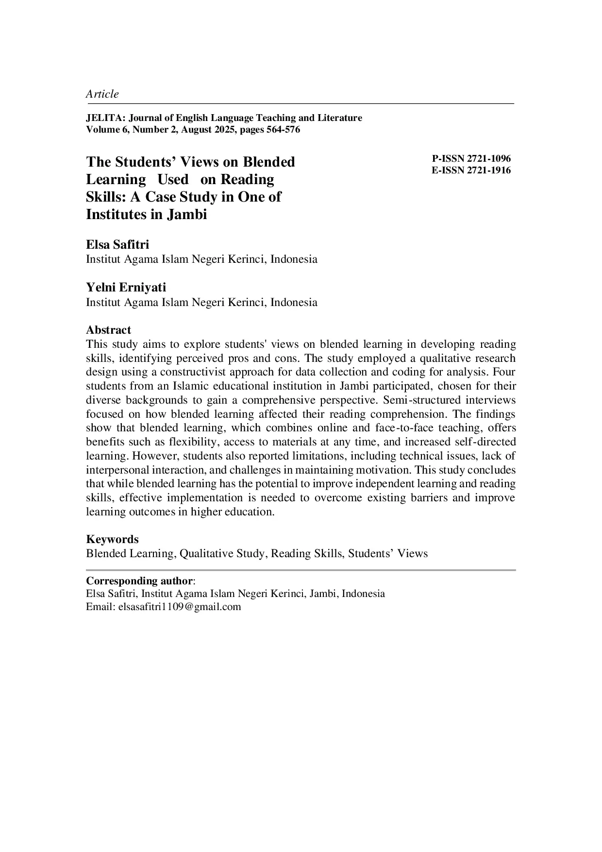 JURIS The Students Views on Blended Learning Used on Reading Skills A Case Study in One of Institutes in Jambi