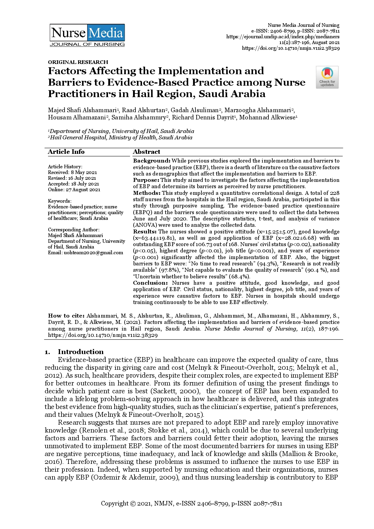 juris Factors Affecting the Implementation and Barriers to Evidence Based Practice among Nurse Practitioners in Hail Region Saudi Arabia