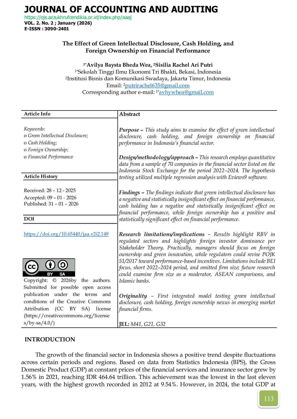 JURIS The Effect of Green Intellectual Capital Disclosure Cash Holding and Foreign Ownership on Firm Financial Performance