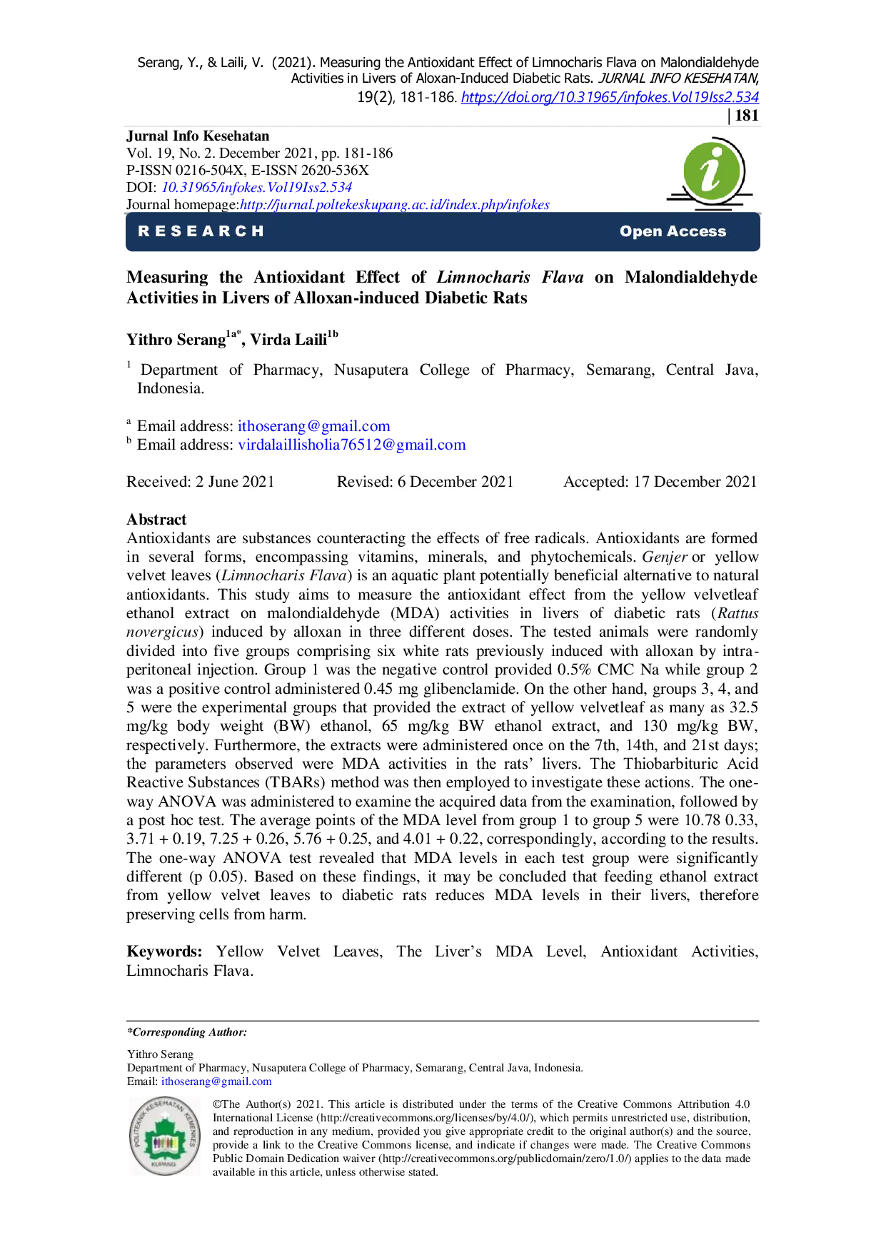 JURIS Measuring the Antioxidant Effect of Limnocharis Flava on Malondialdehyde Activities in Livers of Alloxan induced Diabetic Rats
