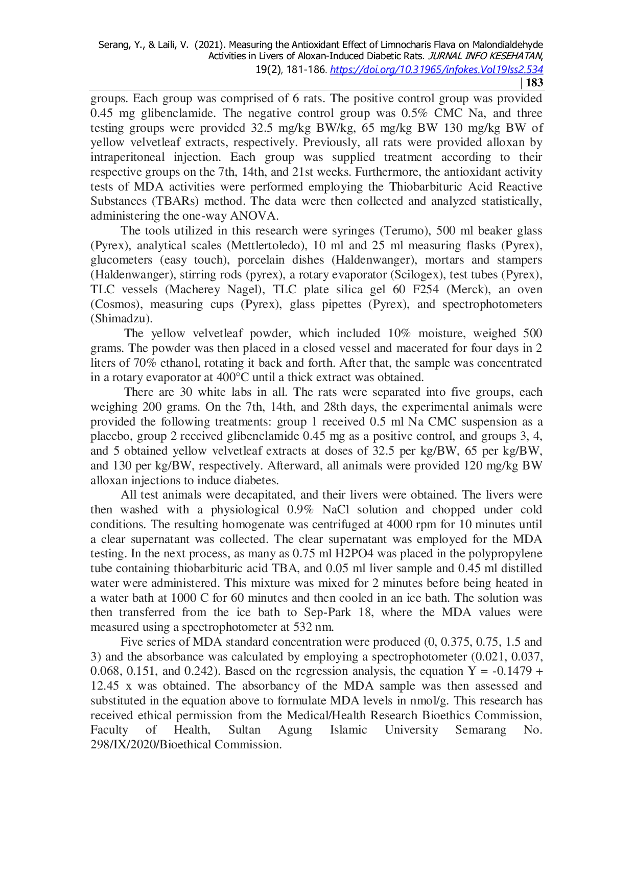 JURIS Measuring the Antioxidant Effect of Limnocharis Flava on Malondialdehyde Activities in Livers of Alloxan induced Diabetic Rats