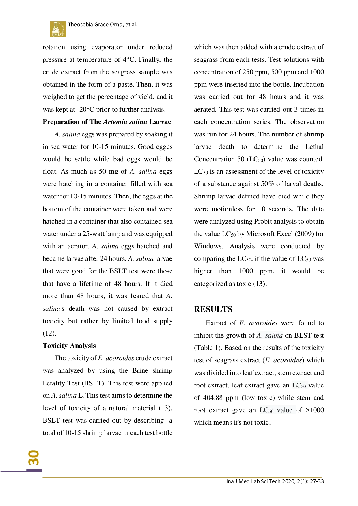 juris INVITRO CITOTOXICITY ASSAYS OF SEAGRASS Enhalus acoroides METHANOL EXTRACT FROM SOROPIA COASTAL WATERS SOUTHEAST SULAWESI REGENCY