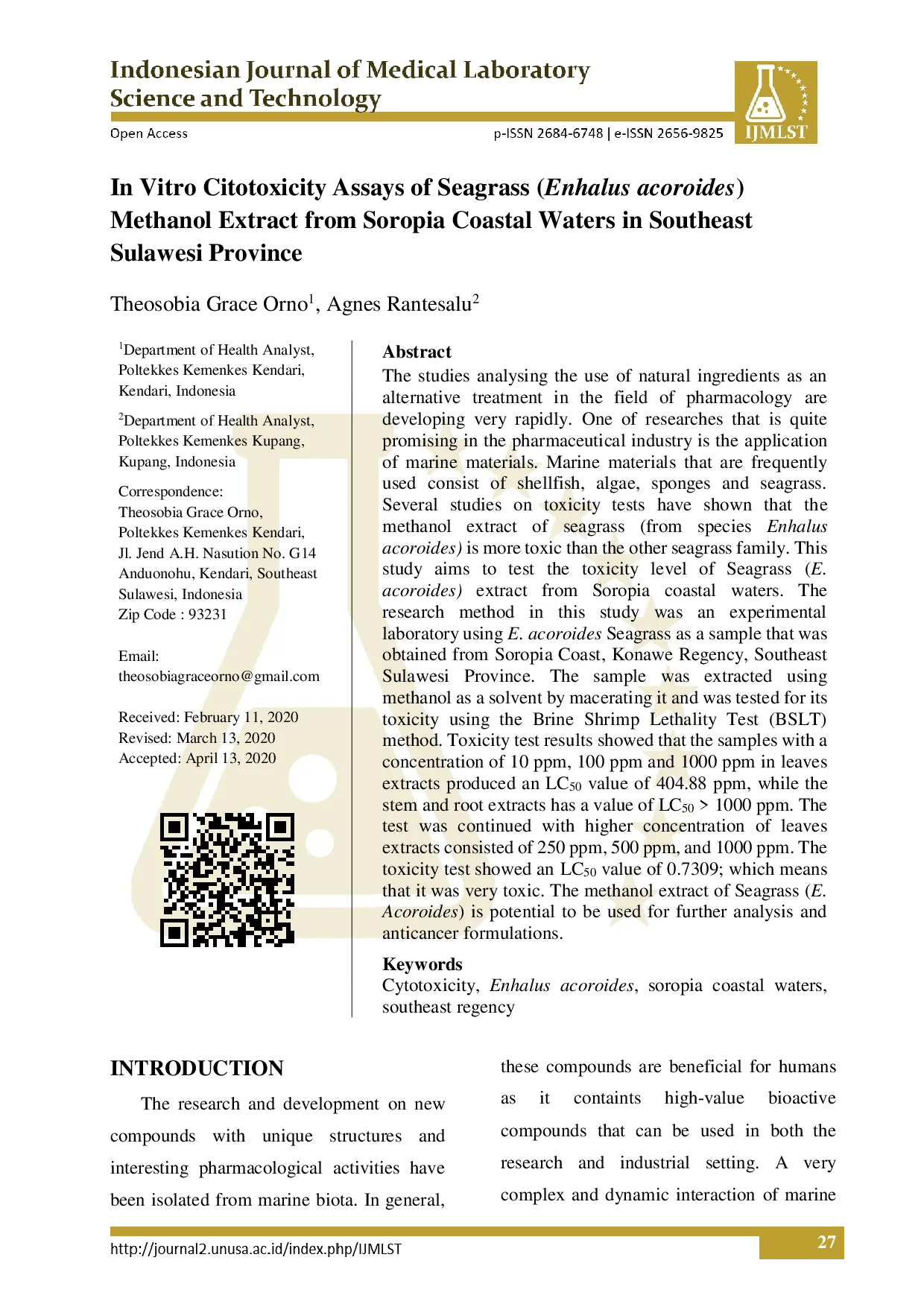 juris INVITRO CITOTOXICITY ASSAYS OF SEAGRASS Enhalus acoroides METHANOL EXTRACT FROM SOROPIA COASTAL WATERS SOUTHEAST SULAWESI REGENCY