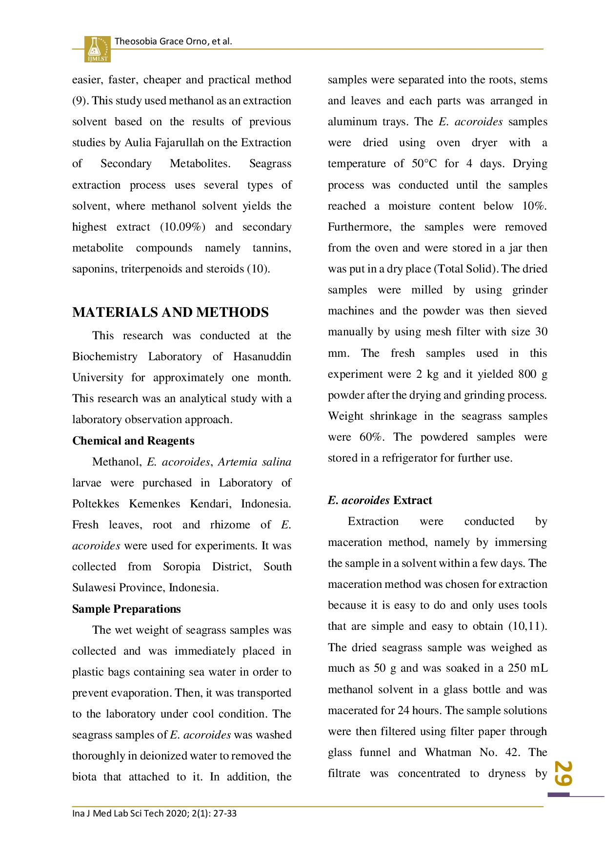 juris INVITRO CITOTOXICITY ASSAYS OF SEAGRASS Enhalus acoroides METHANOL EXTRACT FROM SOROPIA COASTAL WATERS SOUTHEAST SULAWESI REGENCY