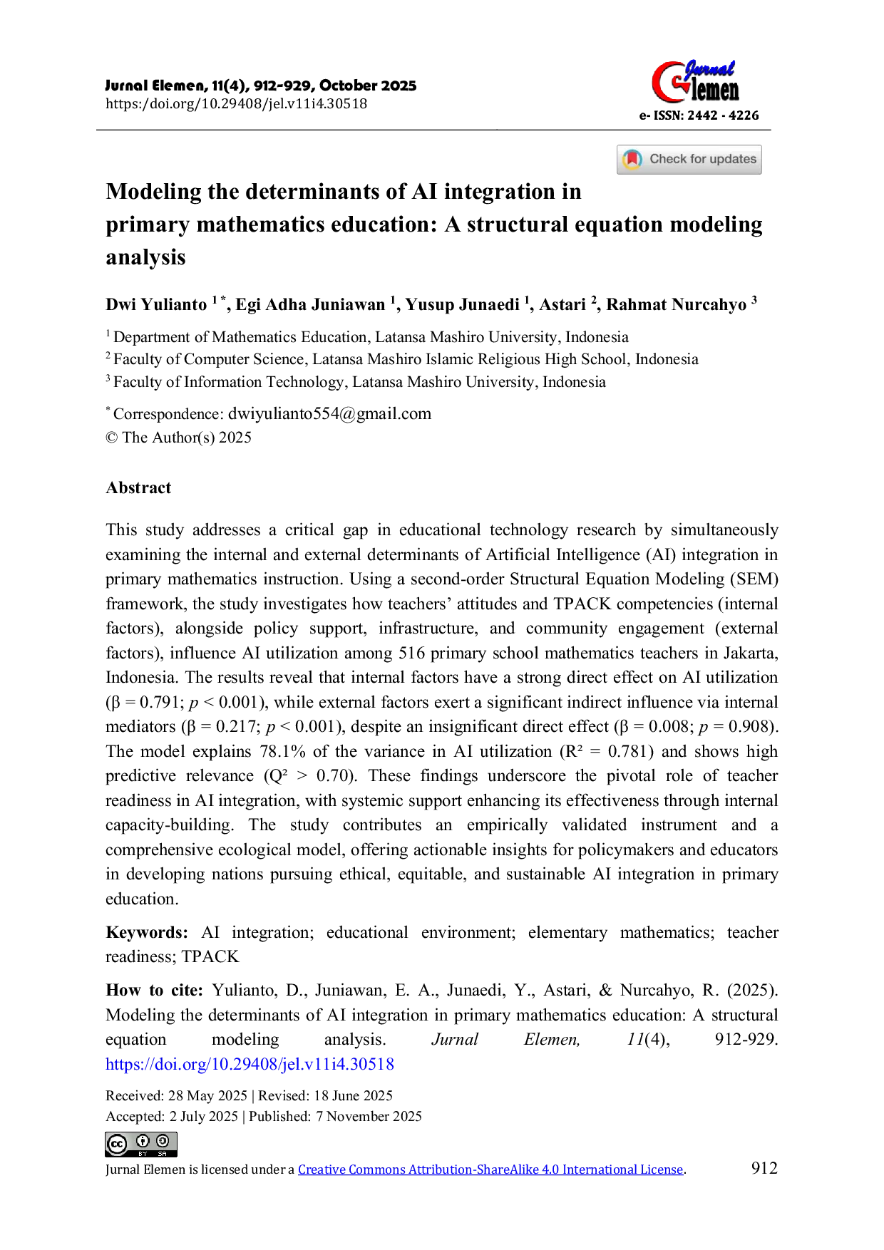 JURIS Modeling the determinants of AI integration in primary mathematics education A structural equation modeling analysis
