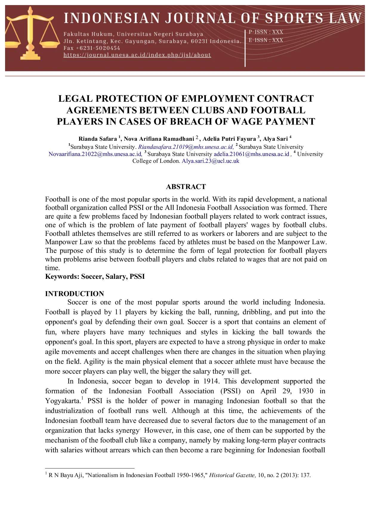 JURIS Legal Protection of Employment Contract Agreements Between Clubs and Football Players in Cases of Breach of Wage Payment