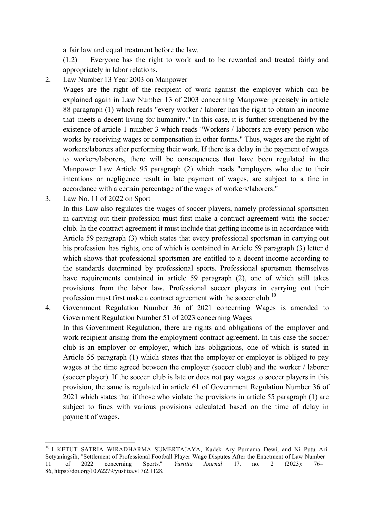 JURIS Legal Protection of Employment Contract Agreements Between Clubs and Football Players in Cases of Breach of Wage Payment