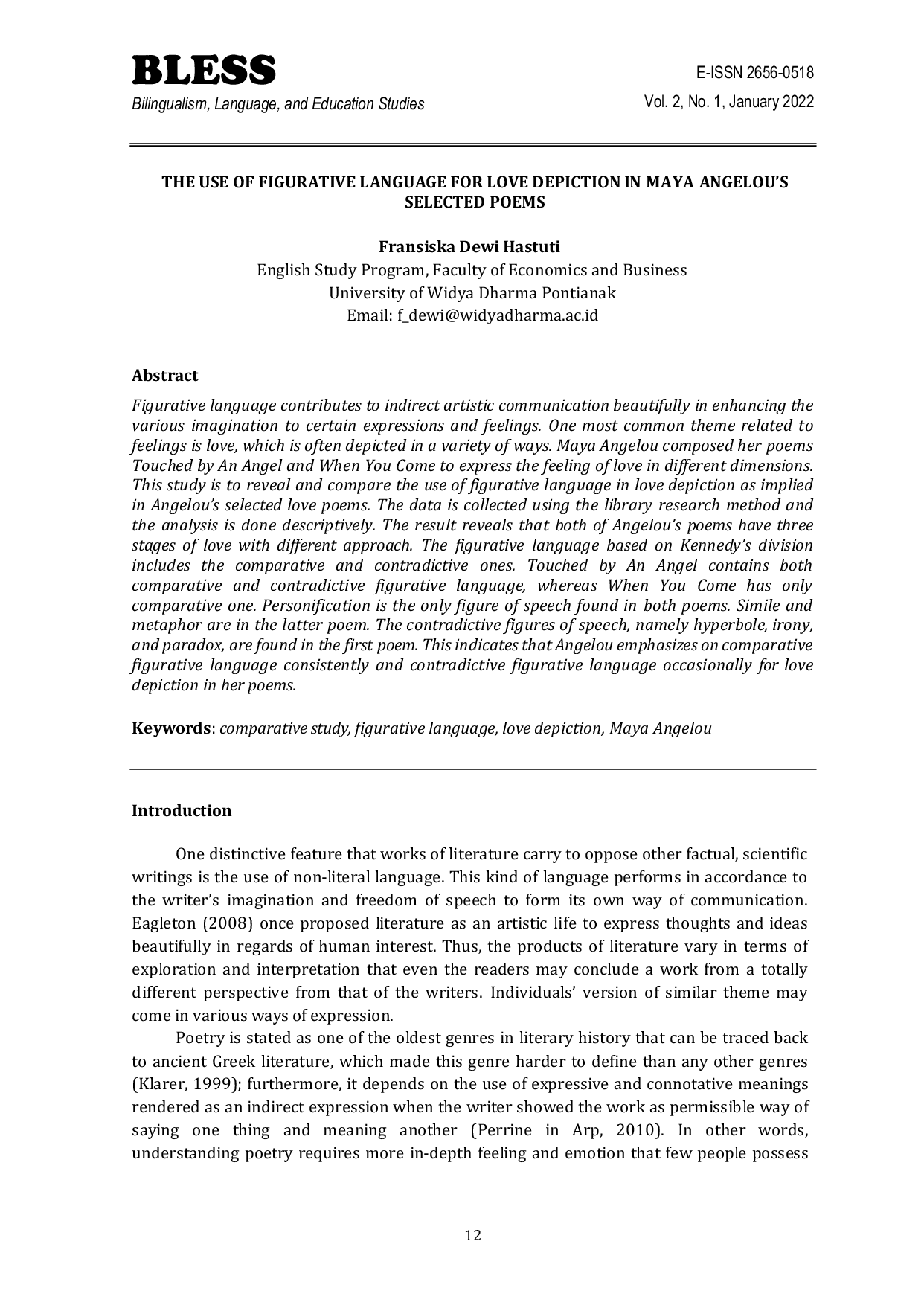 JURIS The Use of Figurative Language for Love Depiction in Maya Angelou s Selected Poems