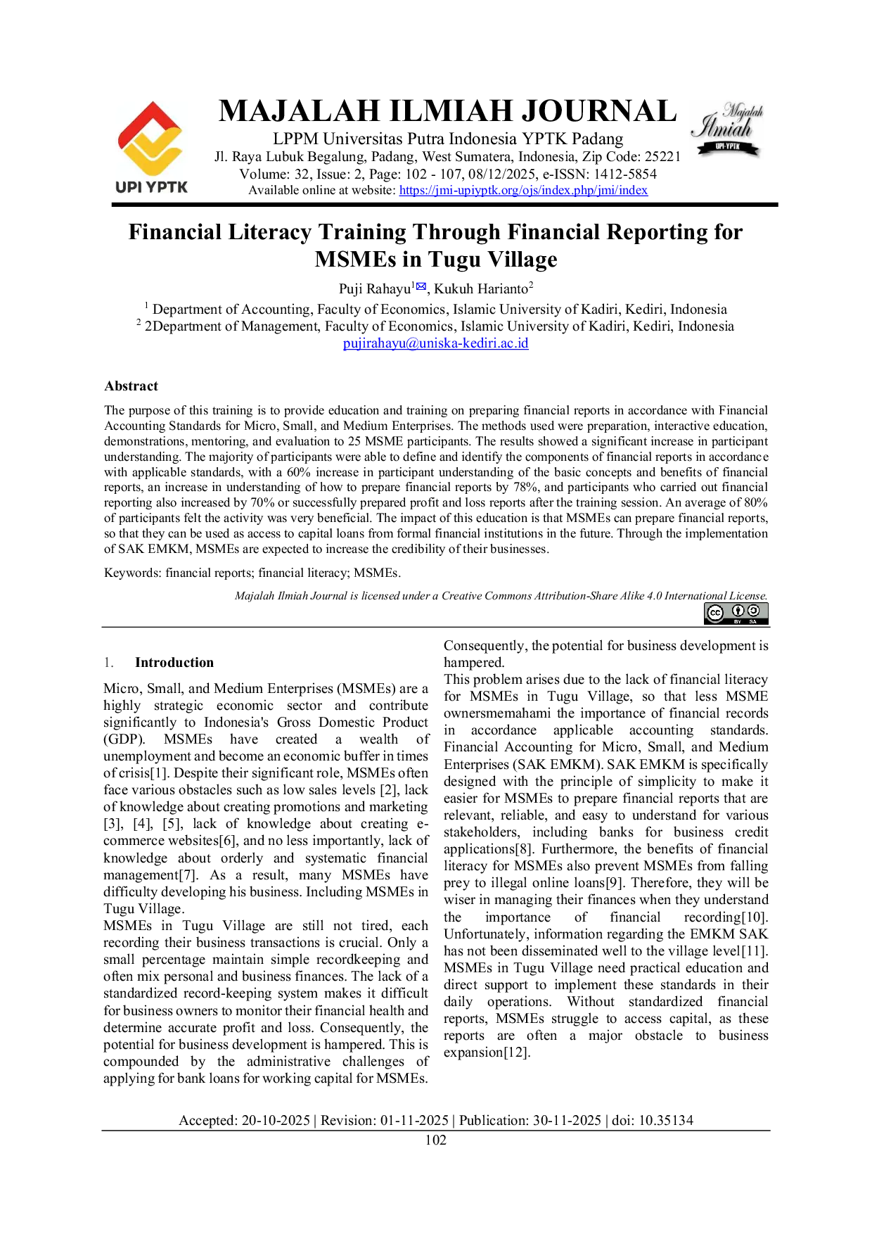 JURIS Financial Literacy Through Financial Reporting Training for MSMEs In Tugu Village