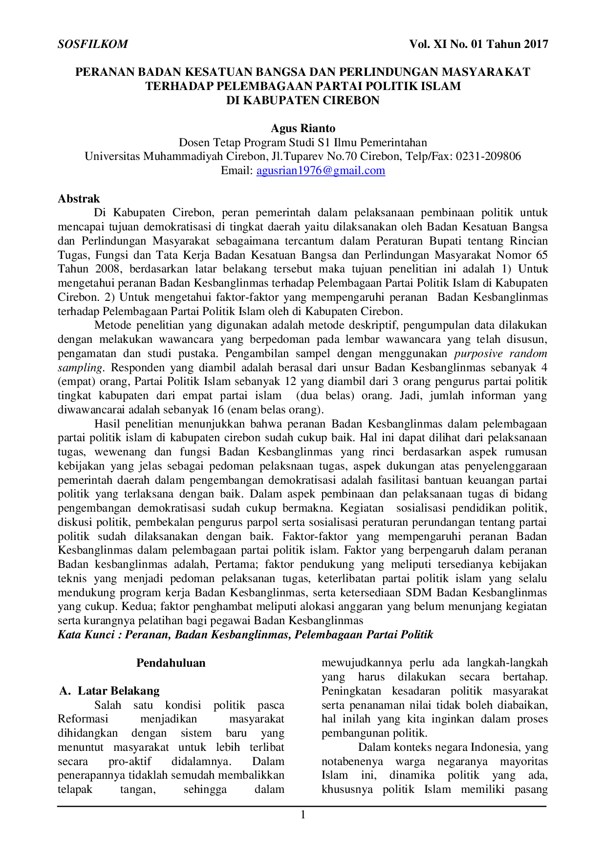 JURIS Peranan Badan Kesatuan Bangsa dan Perlindungan Masyarakat Terhadap Pelembagaan Partai Politik Islam di Kabupaten Cirebon
