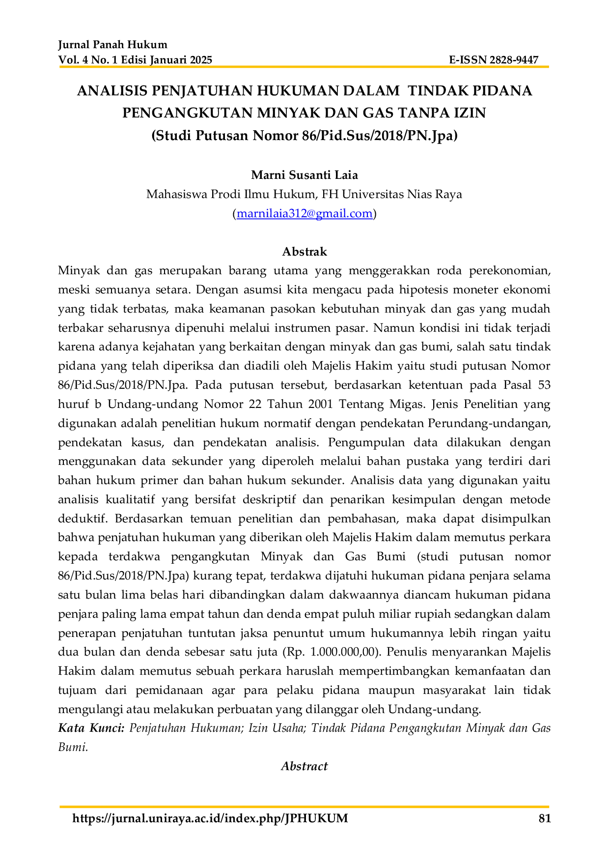 JURIS Analisis Penjatuhan Hukuman dalam Tindak Pidana Pengangkutan Minyak dan Gas Tanpa Izin