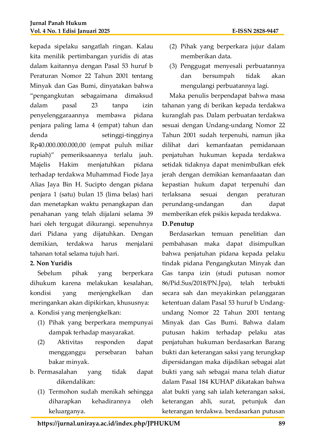 JURIS Analisis Penjatuhan Hukuman dalam Tindak Pidana Pengangkutan Minyak dan Gas Tanpa Izin