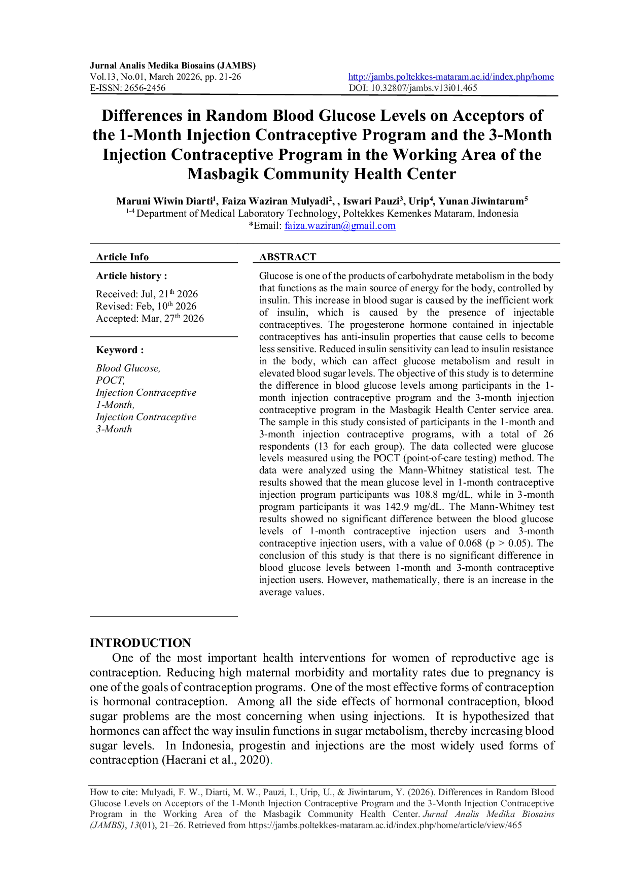 JURIS Differences in Random Blood Glucose Levels on Acceptors of the 1 Month Injection Contraceptive Program and the 3 Month Injection Contraceptive Program in the Working Area of the Masbagik Community Hea