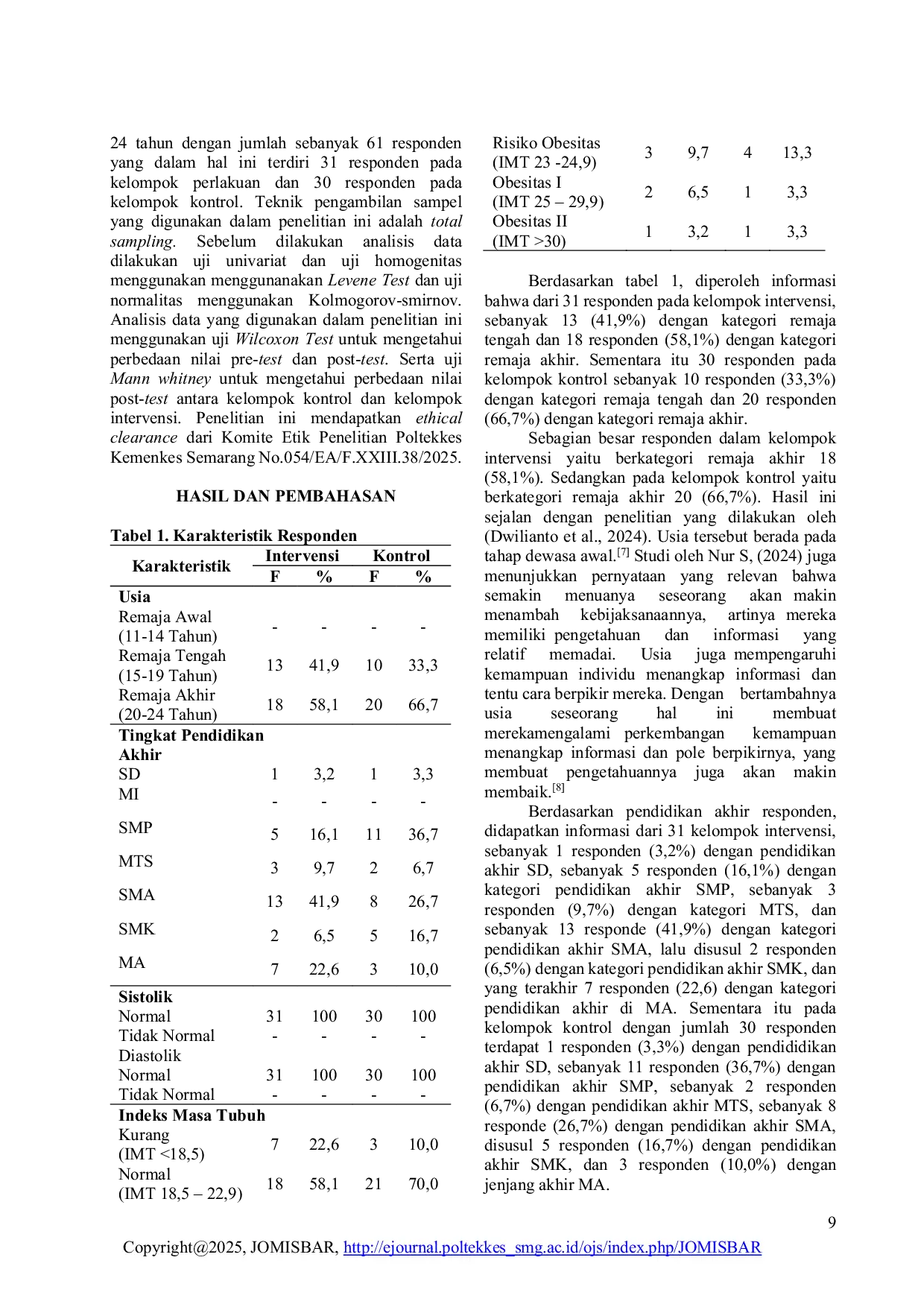 JURIS Pengaruh Pendidikan Kesehatan dengan Media E book terhadap Pengetahuan dan Sikap tentang Anemia pada Remaja Putri