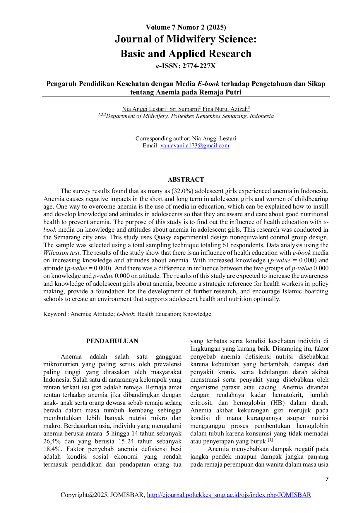 JURIS Pengaruh Pendidikan Kesehatan dengan Media E book terhadap Pengetahuan dan Sikap tentang Anemia pada Remaja Putri