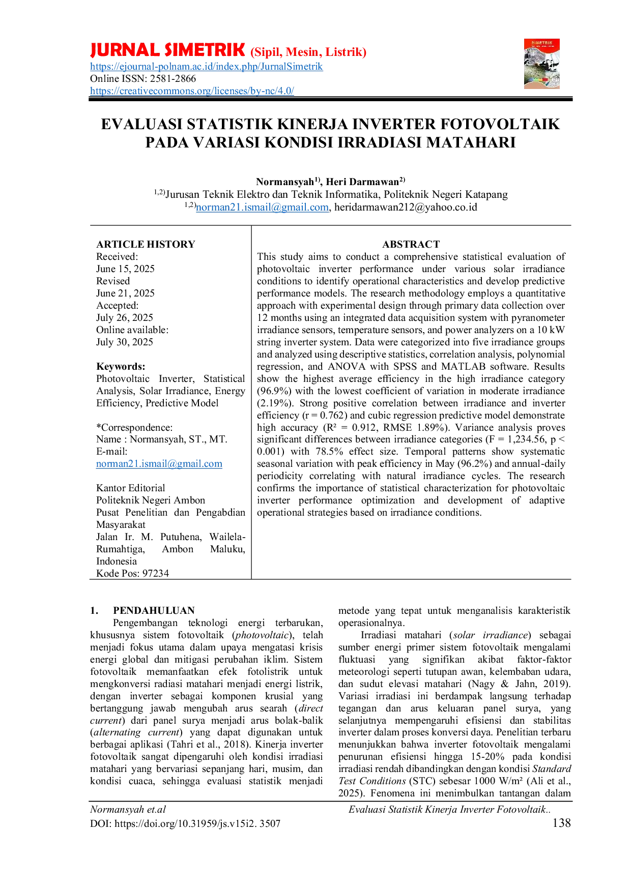 JURIS Evaluasi Statistik Kinerja Inverter Fotovoltaik Pada Variasi Kondisi Irradiasi Matahari
