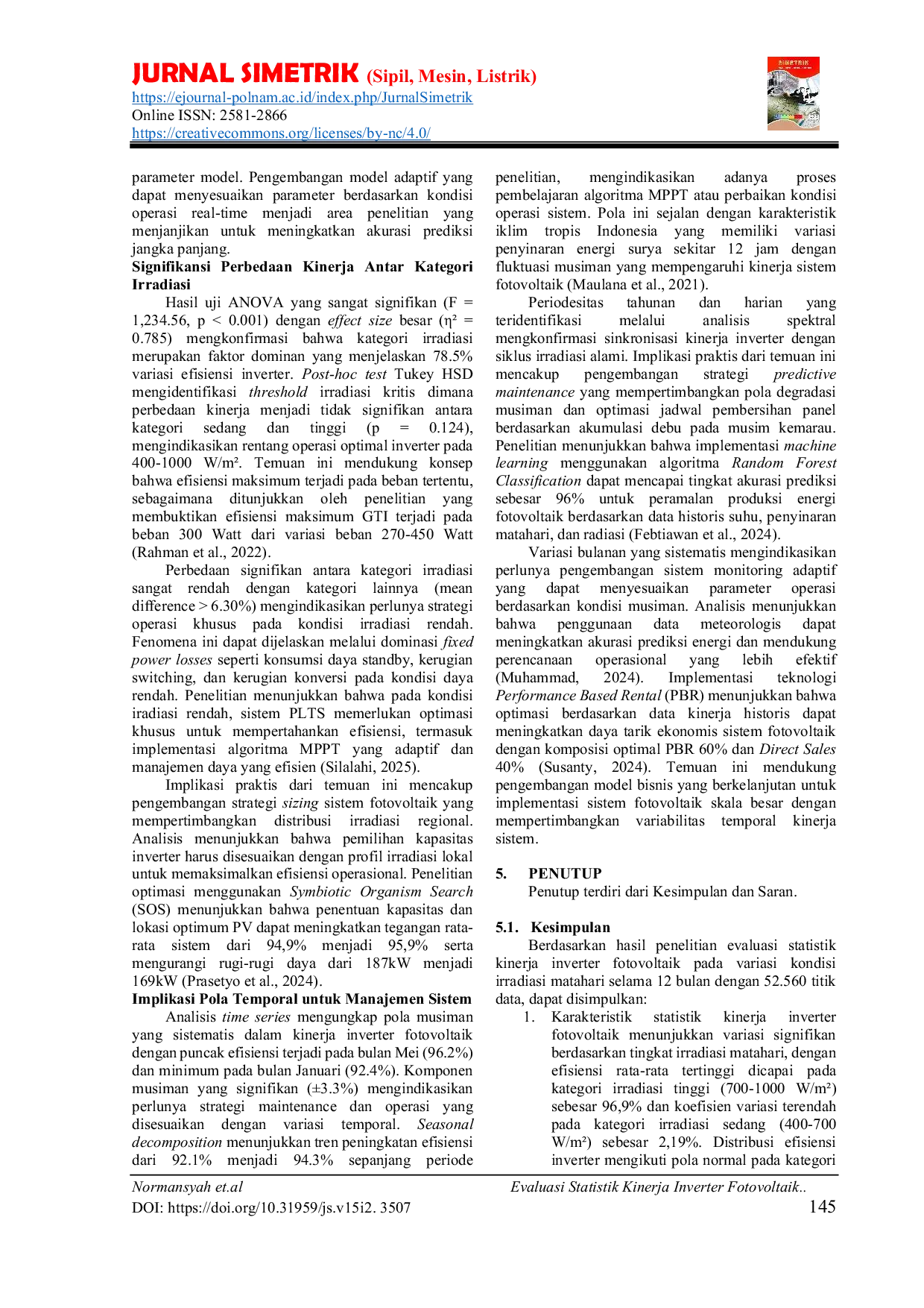 JURIS Evaluasi Statistik Kinerja Inverter Fotovoltaik Pada Variasi Kondisi Irradiasi Matahari
