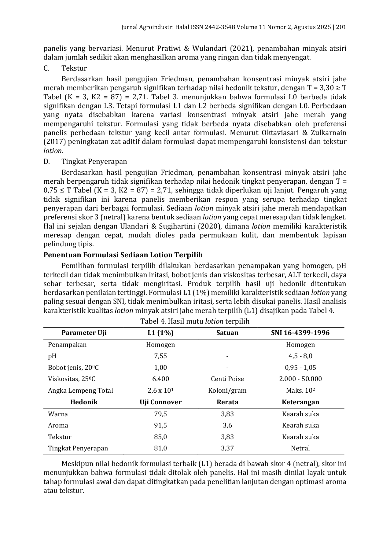 JURIS Formulasi dan Karakteristik Sediaan Lotion dengan Variasi Konsentrasi Minyak Atsiri Jahe Merah Zingiber officinale var rubrum