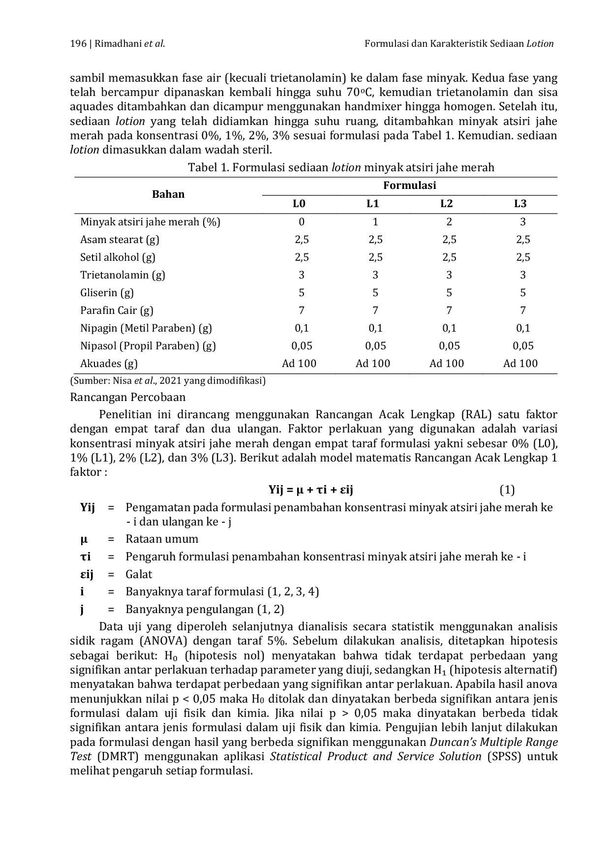 JURIS Formulasi dan Karakteristik Sediaan Lotion dengan Variasi Konsentrasi Minyak Atsiri Jahe Merah Zingiber officinale var rubrum