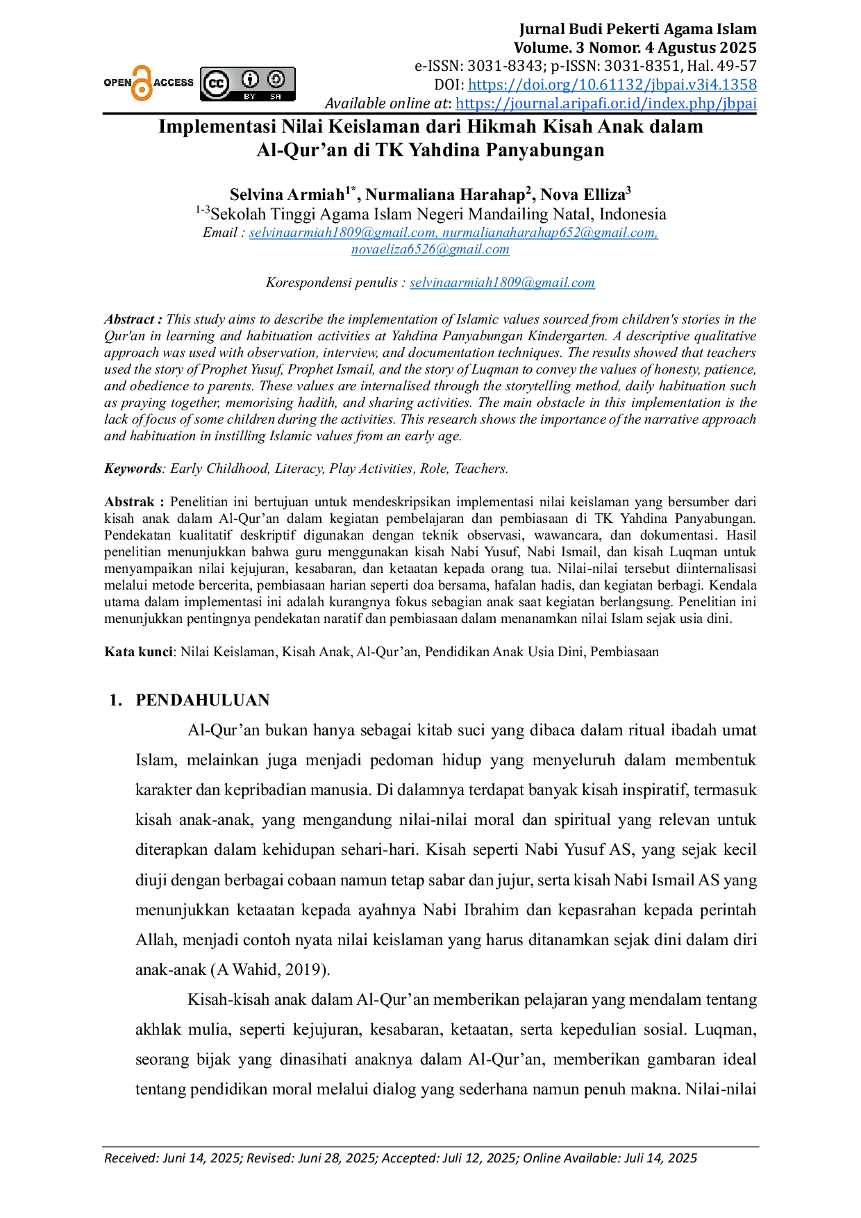 JURIS Implementasi Nilai Keislaman dari Hikmah Kisah Anak dalam Al Qur an di TK Yahdina Panyabungan