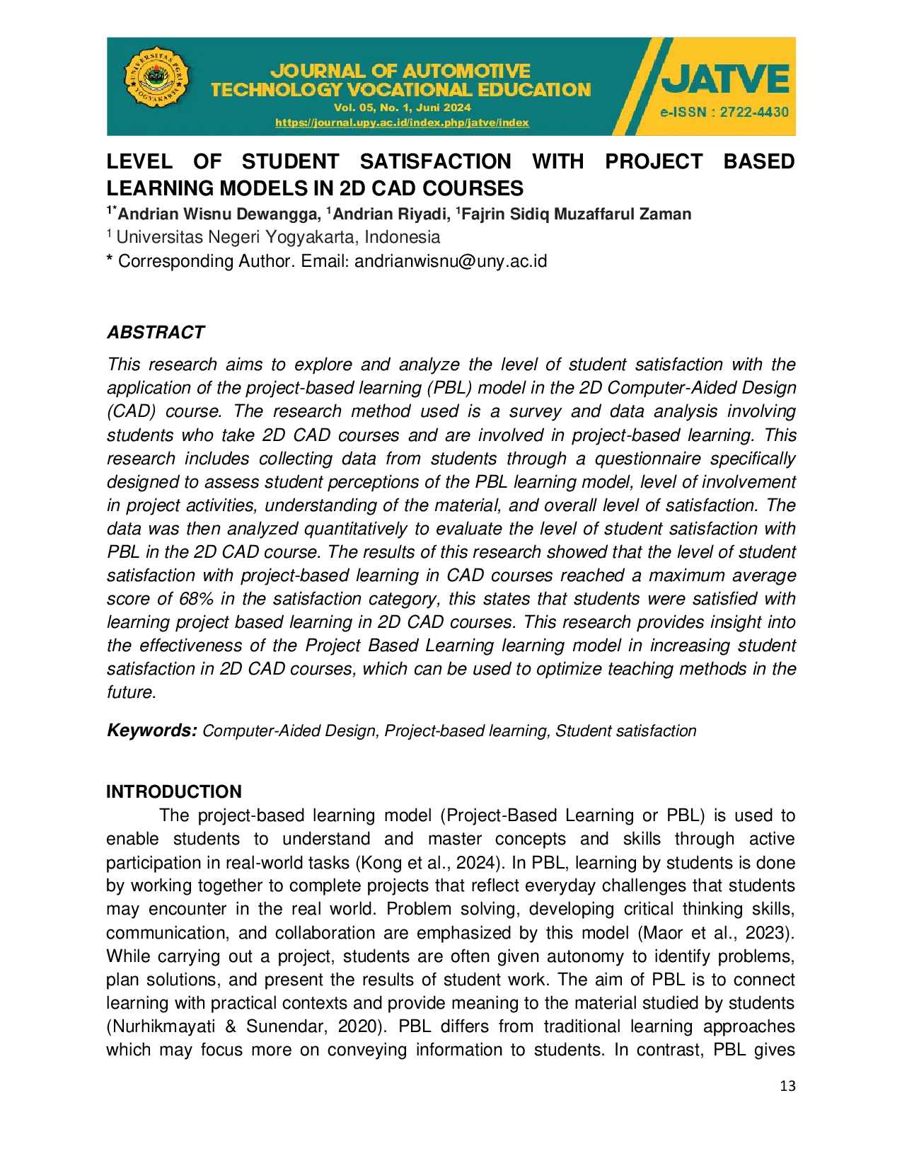 JURIS LEVEL OF STUDENT SATISFACTION WITH PROJECT BASED LEARNING MODELS IN 2D CAD COURSES