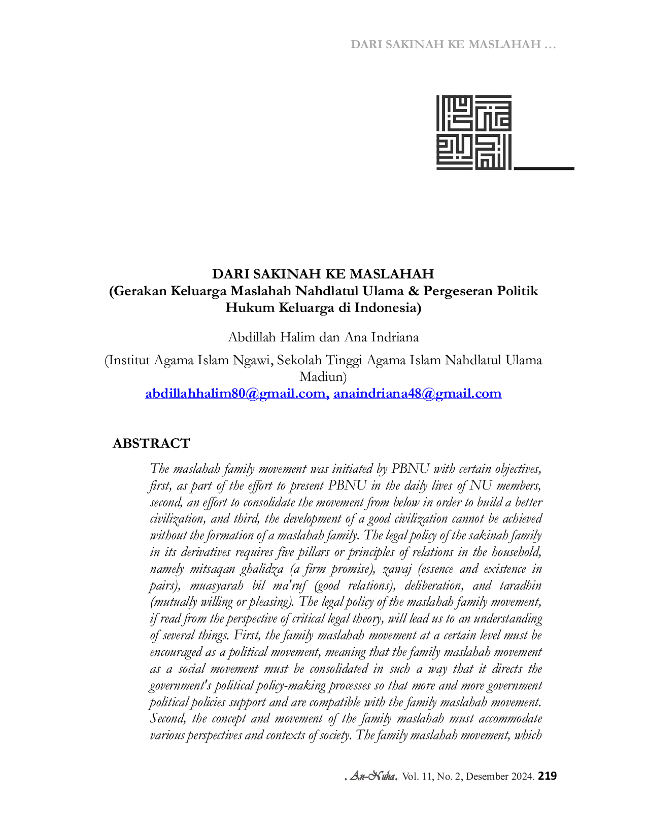 JURIS Dari Sakinah Ke Maslahah Gerakan Keluarga Maslahah Nahdlatul Ulama Pergeseran Politik Hukum Keluarga Di Indonesia